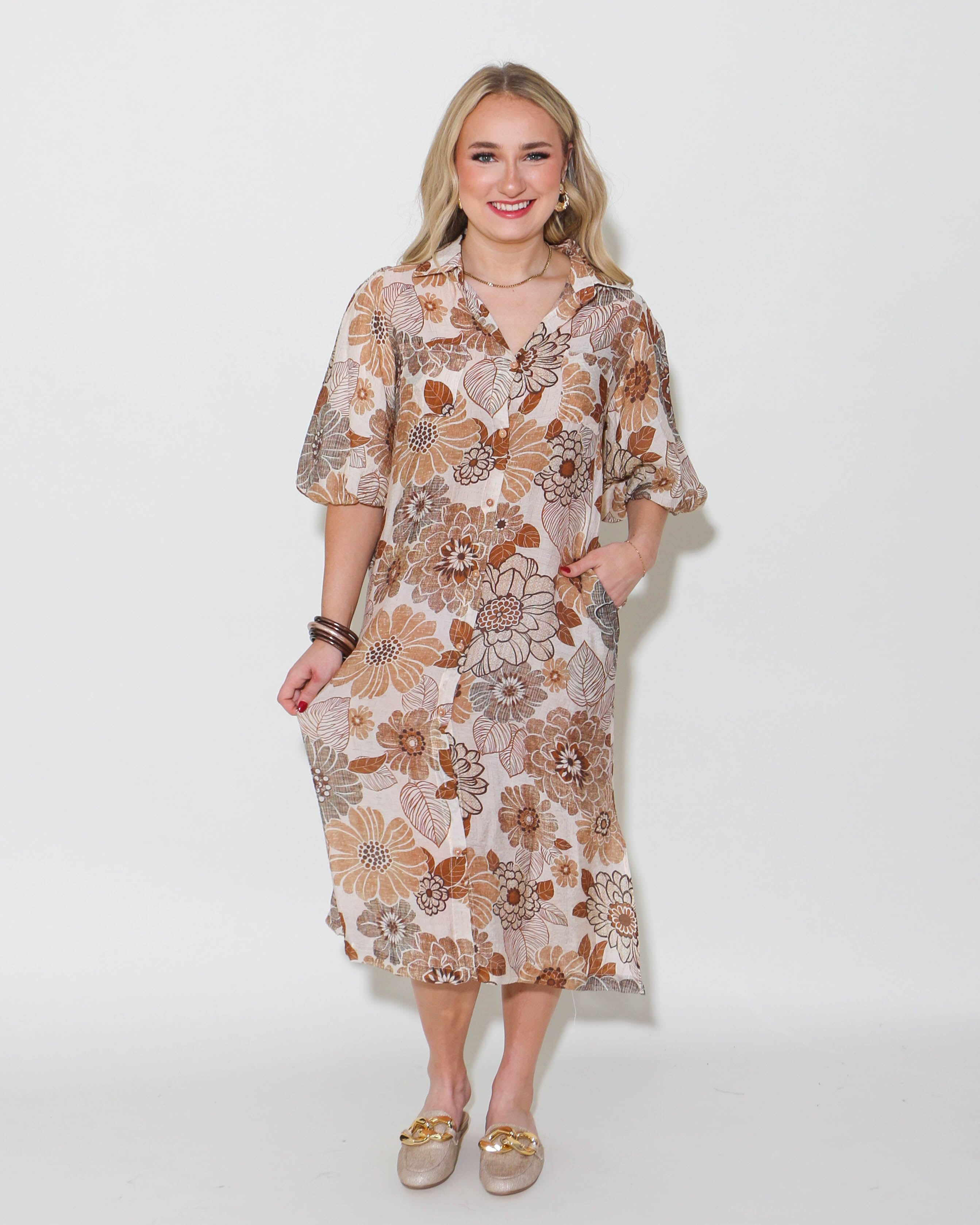 THML | Puff Sleeve Floral Dress in Cream