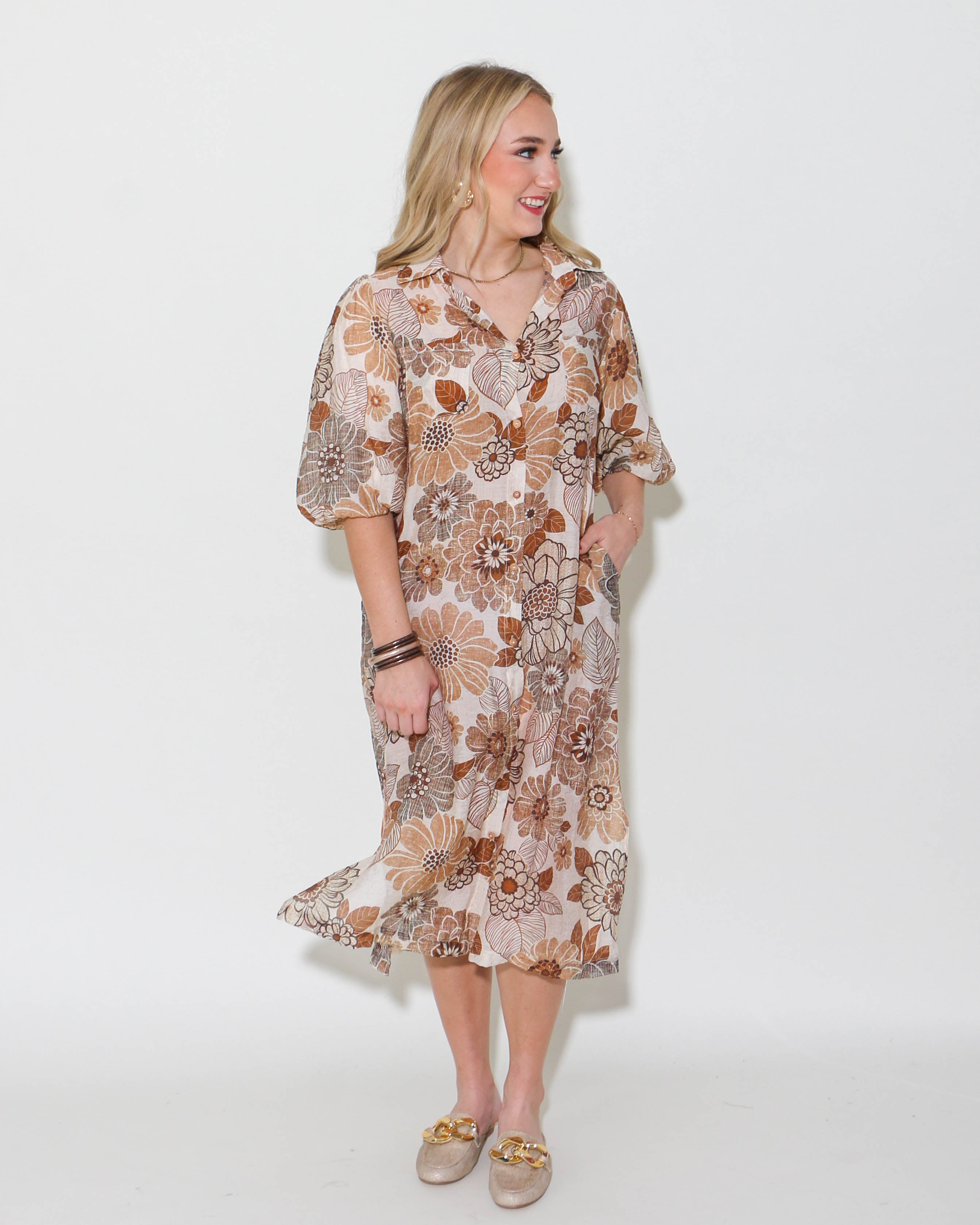 THML | Puff Sleeve Floral Dress in Cream
