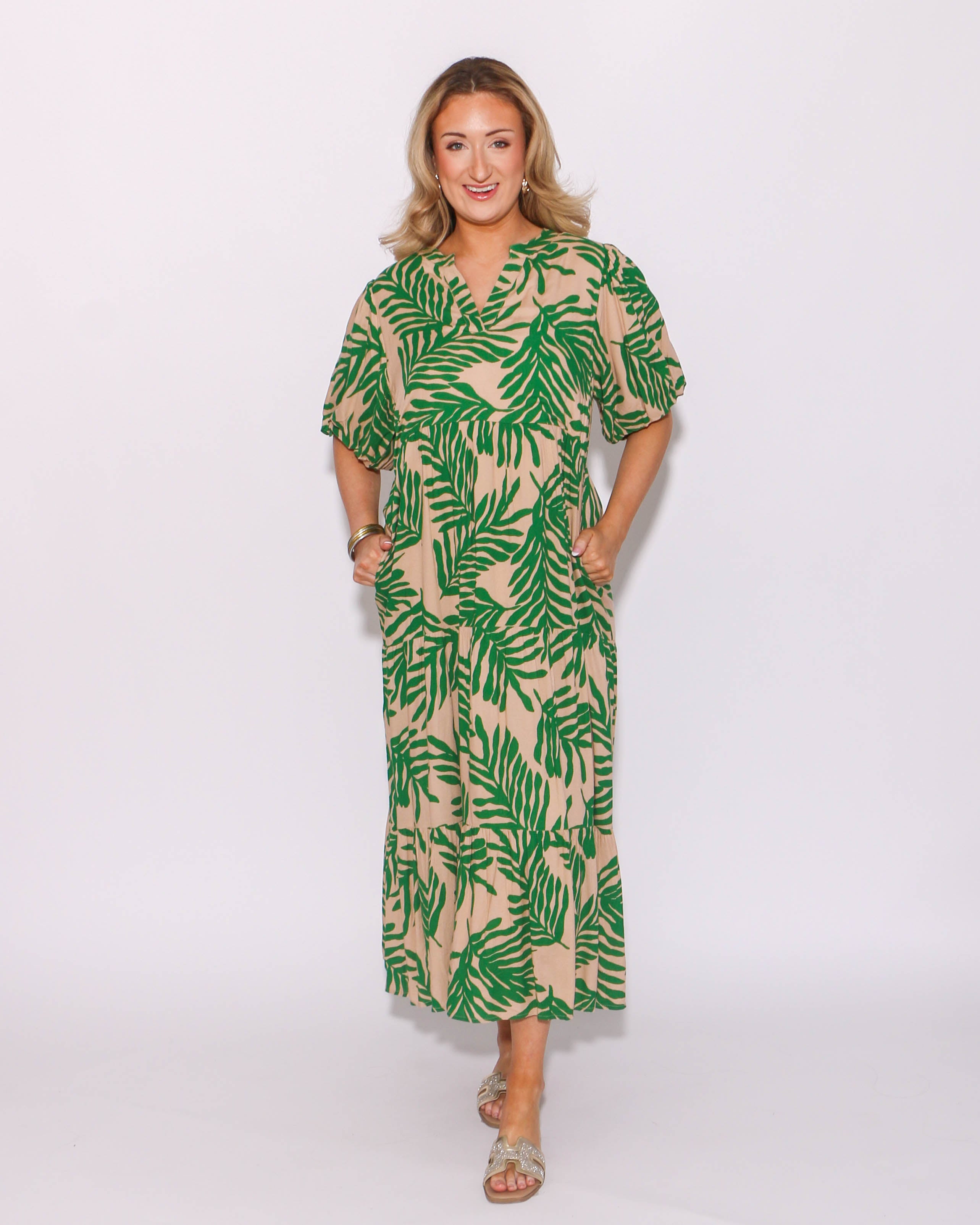 THML Puff Sleeve Tiered Print Maxi Dress