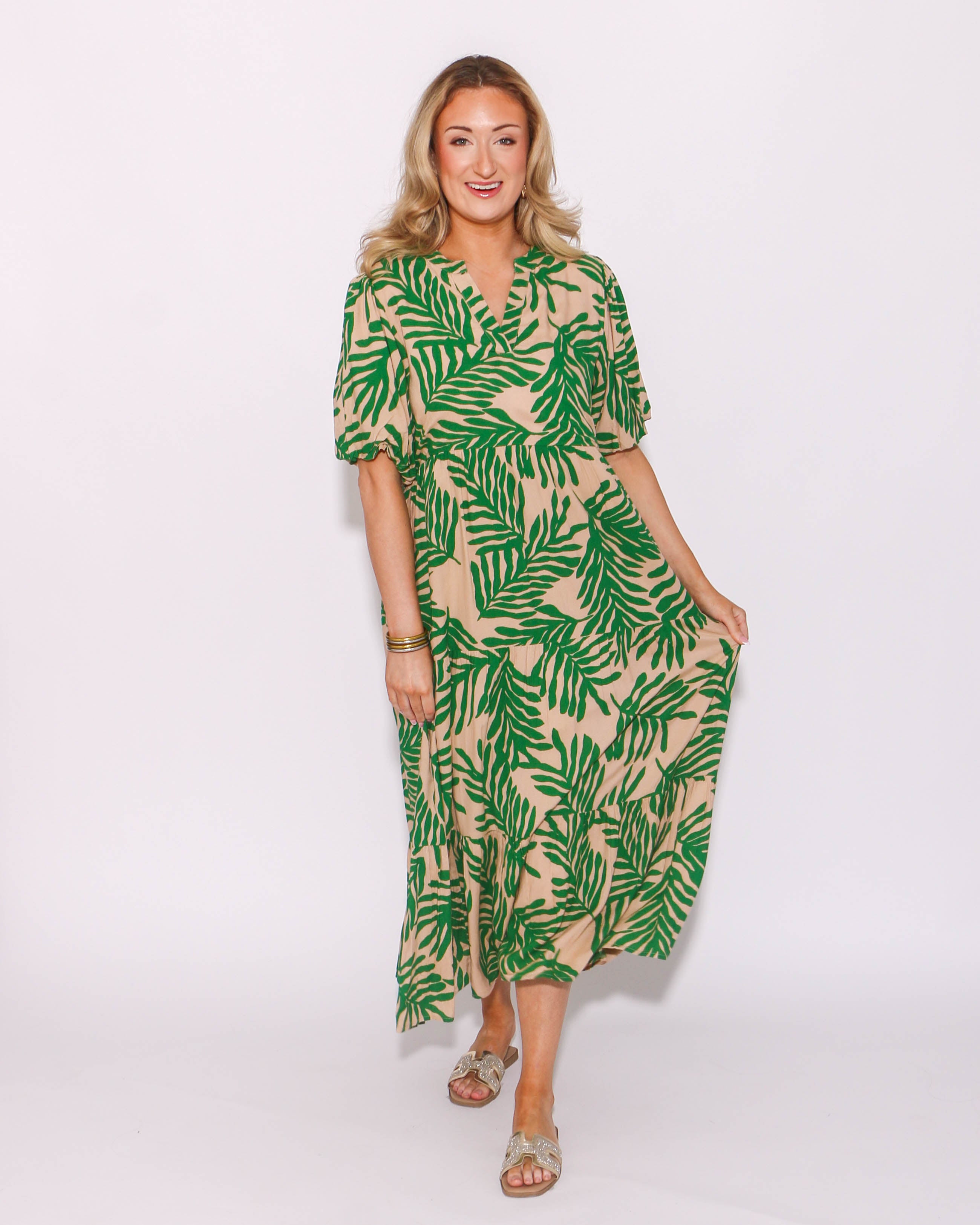 THML Puff Sleeve Tiered Print Maxi Dress