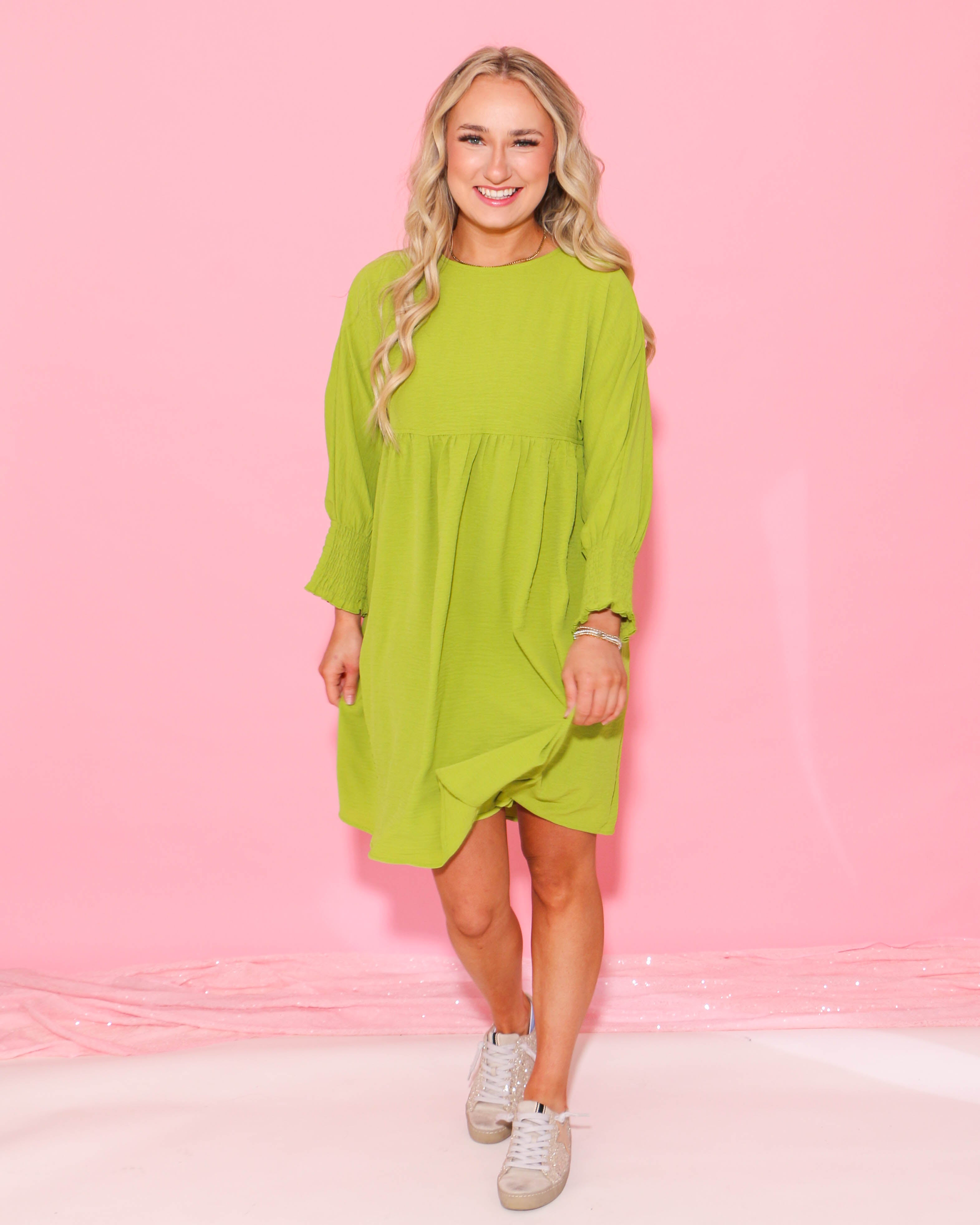 Lime Shirred Sleeve Dress