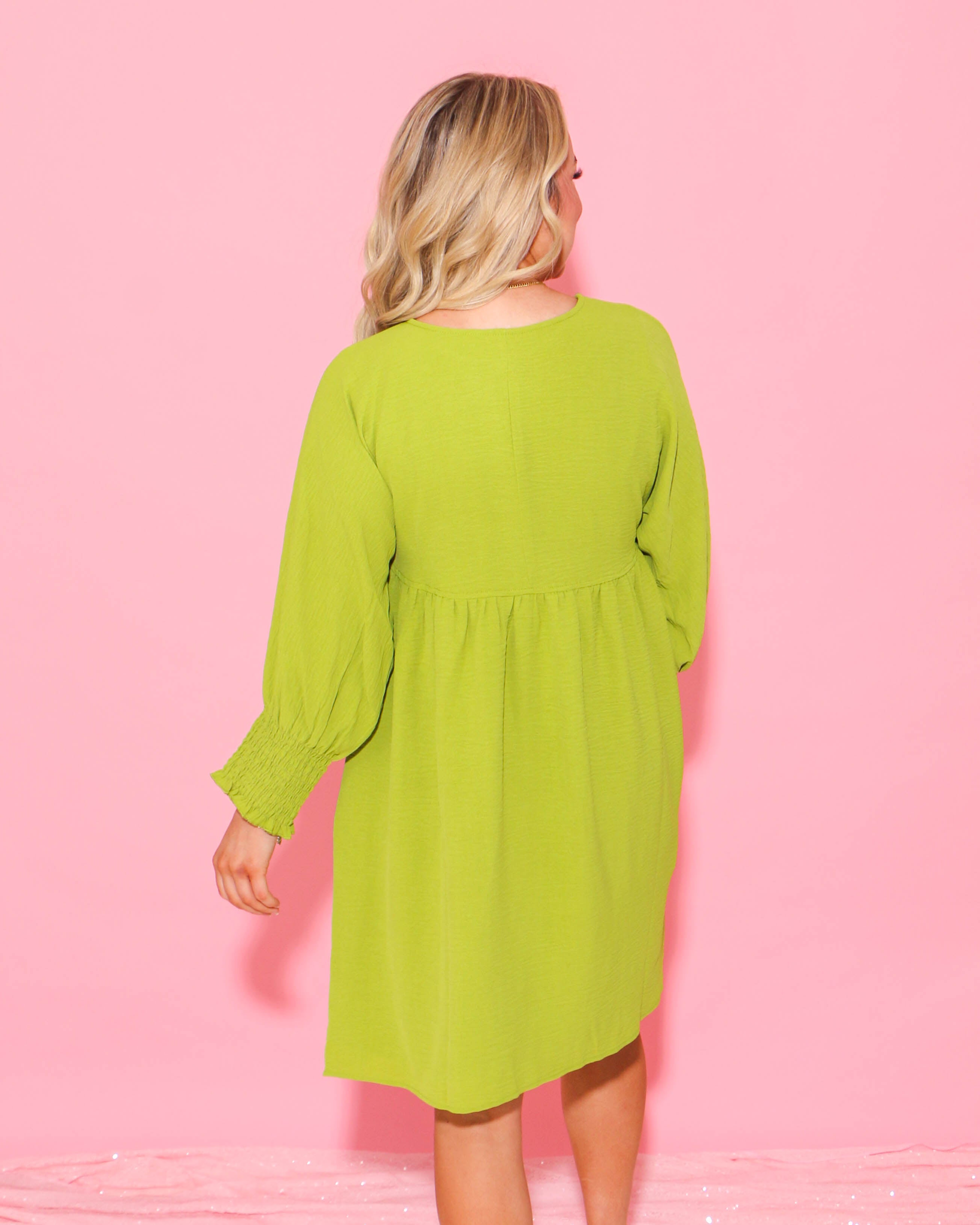 Lime Shirred Sleeve Dress