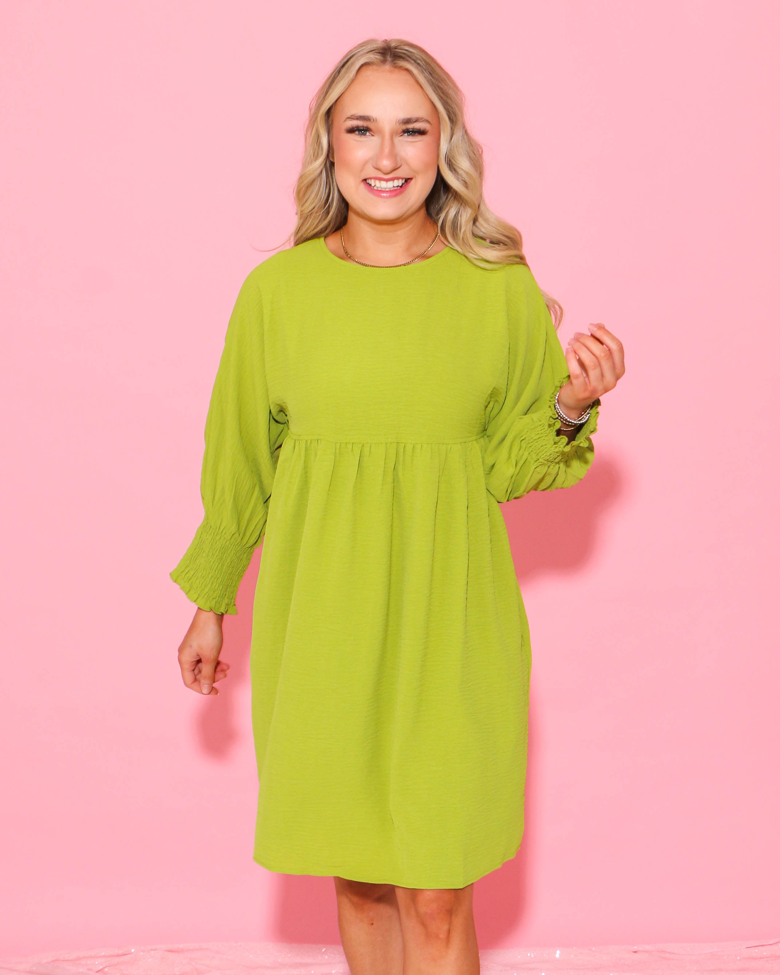Lime Shirred Sleeve Dress
