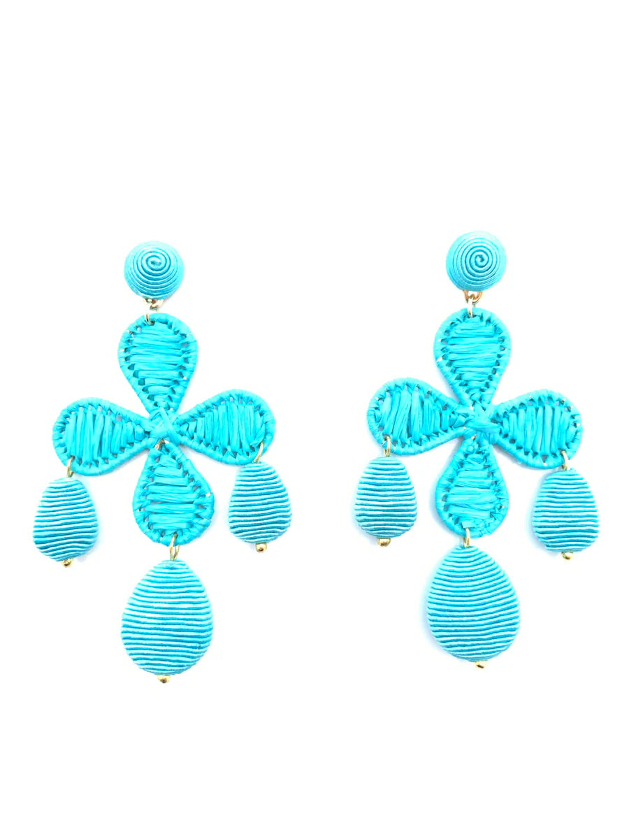 Cord and Rattan Quatrefoil Drop Earring in Turquoise