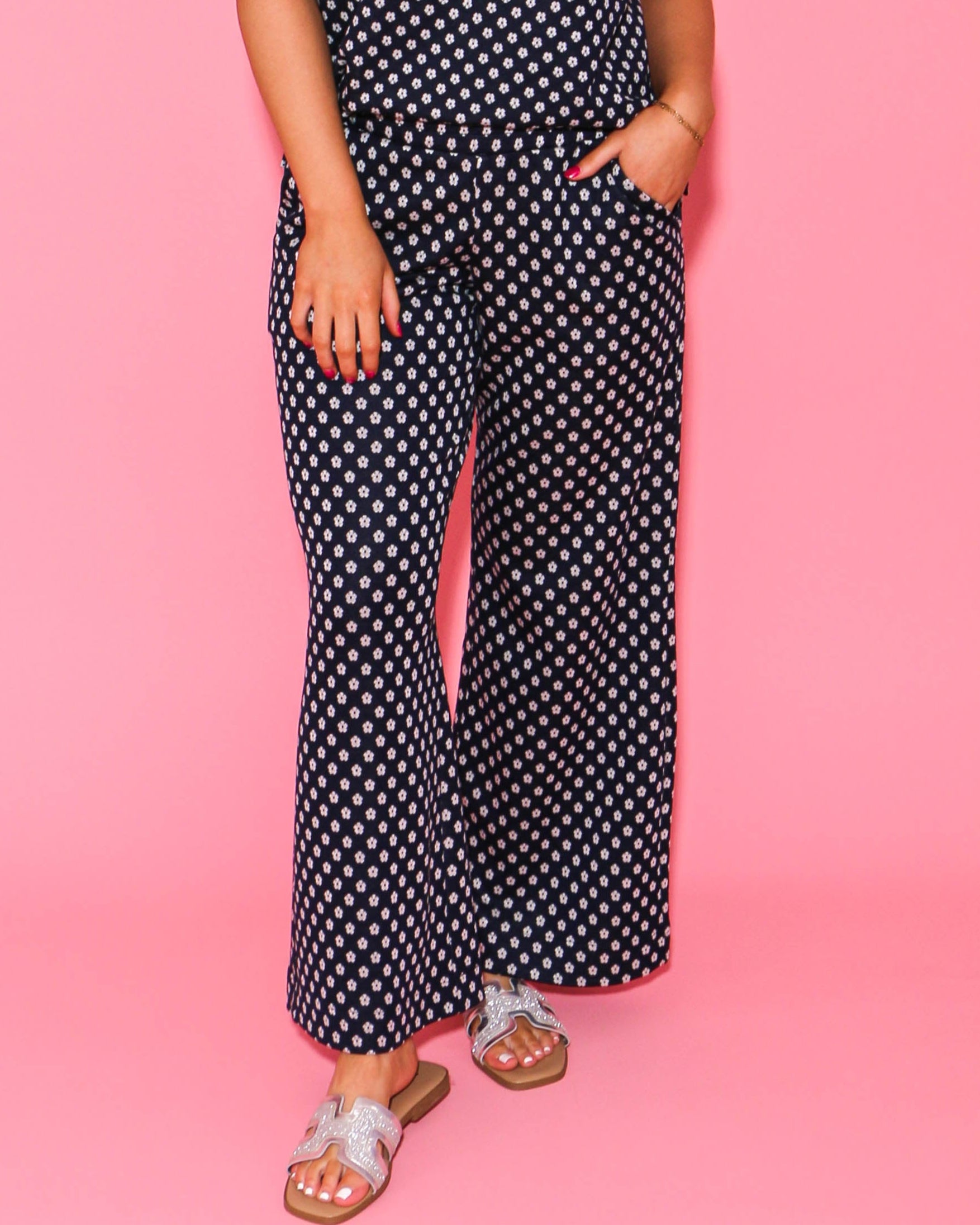 Navy Ditsy Popover Top and Knit Pants Set