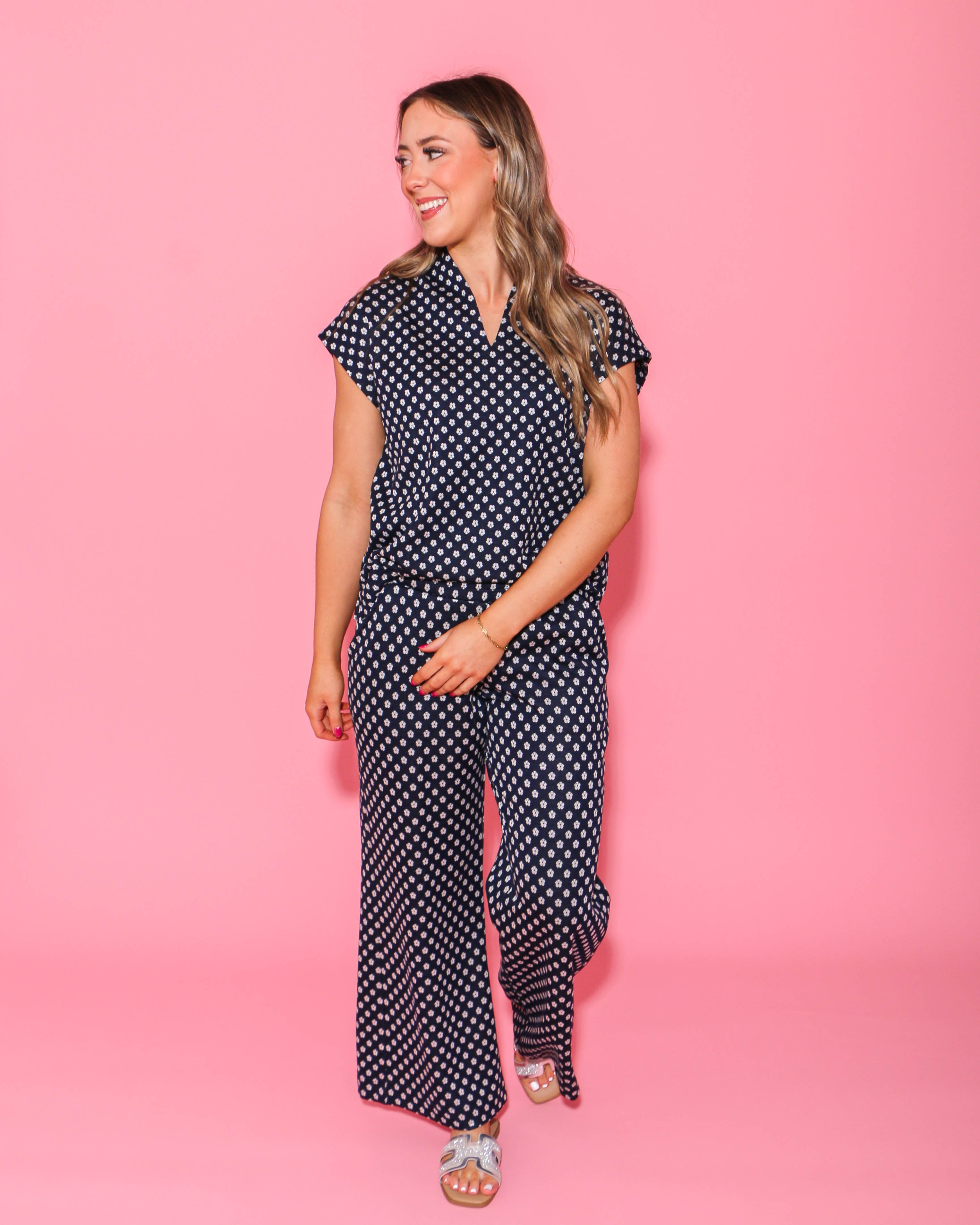Navy Ditsy Popover Top and Knit Pants Set