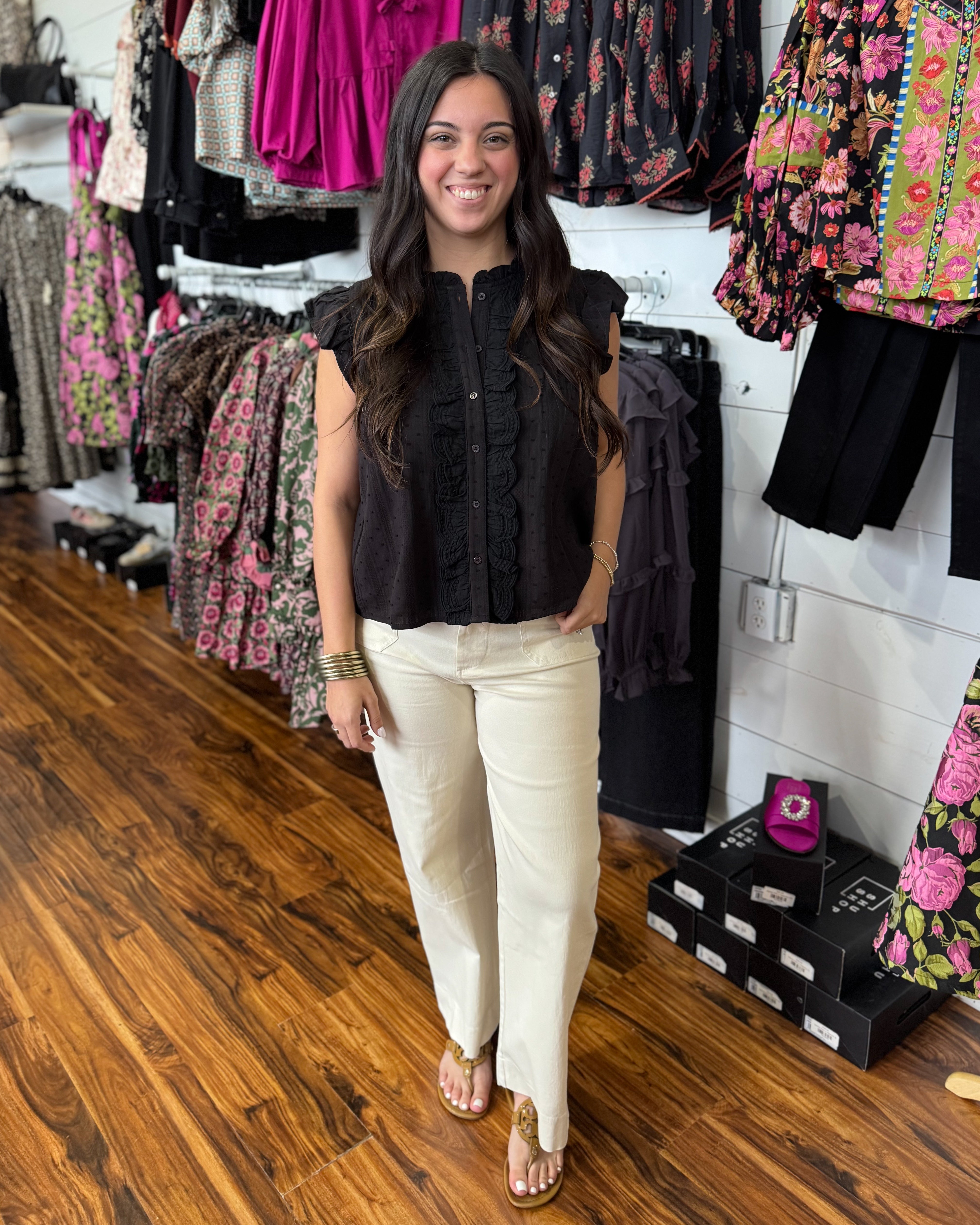 Ruffle Trim Button Down Top in Black