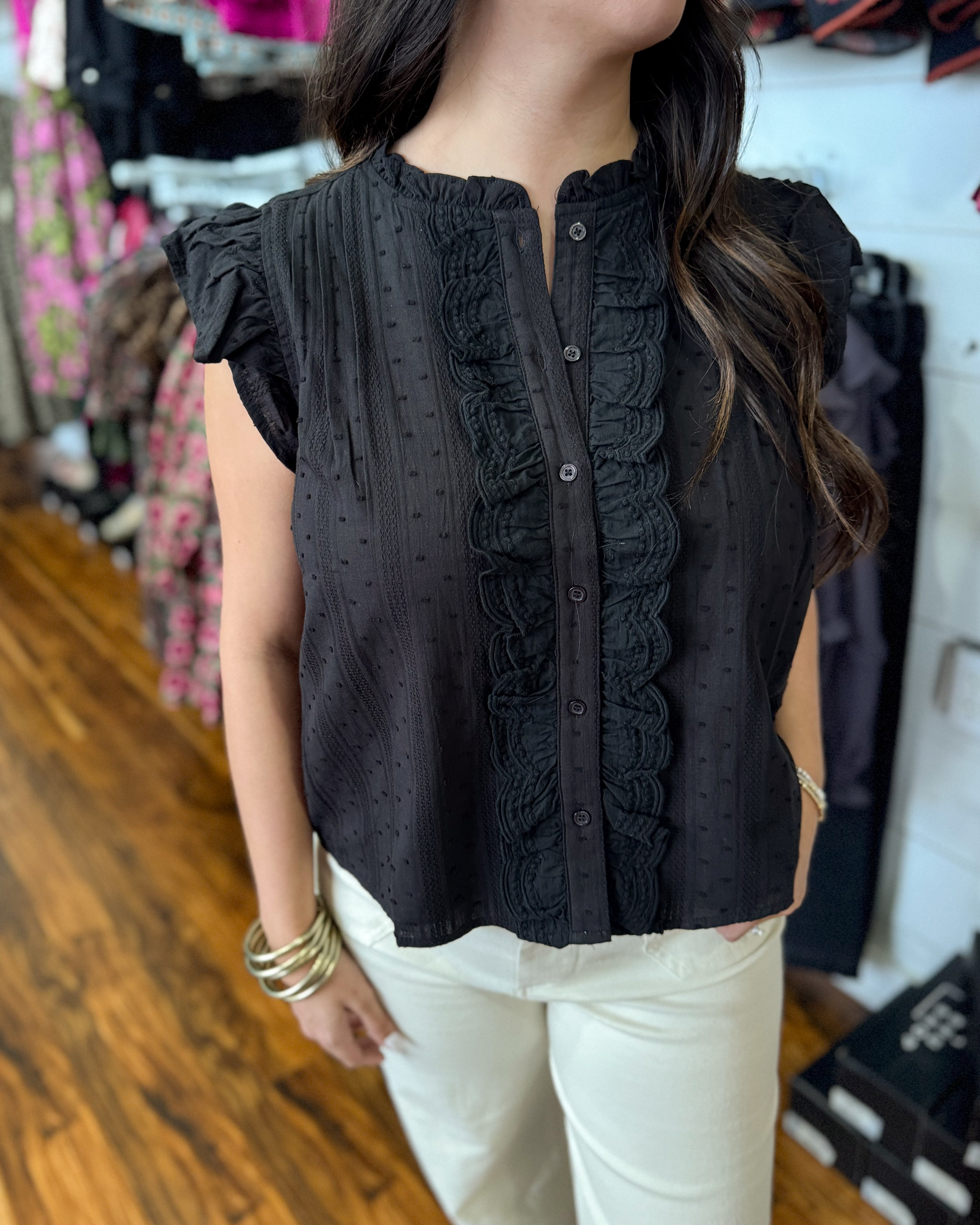 Ruffle Trim Button Down Top in Black