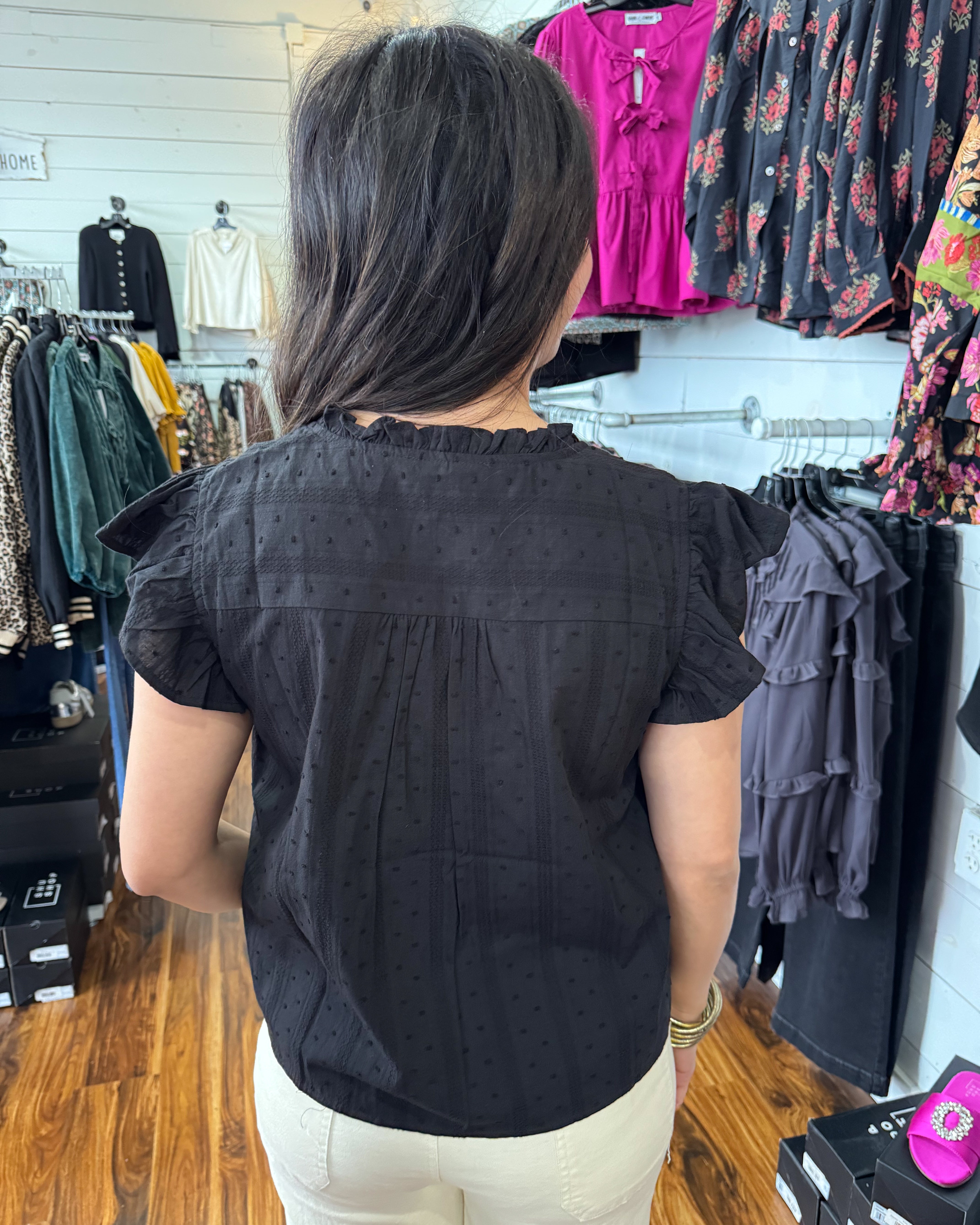 Ruffle Trim Button Down Top in Black