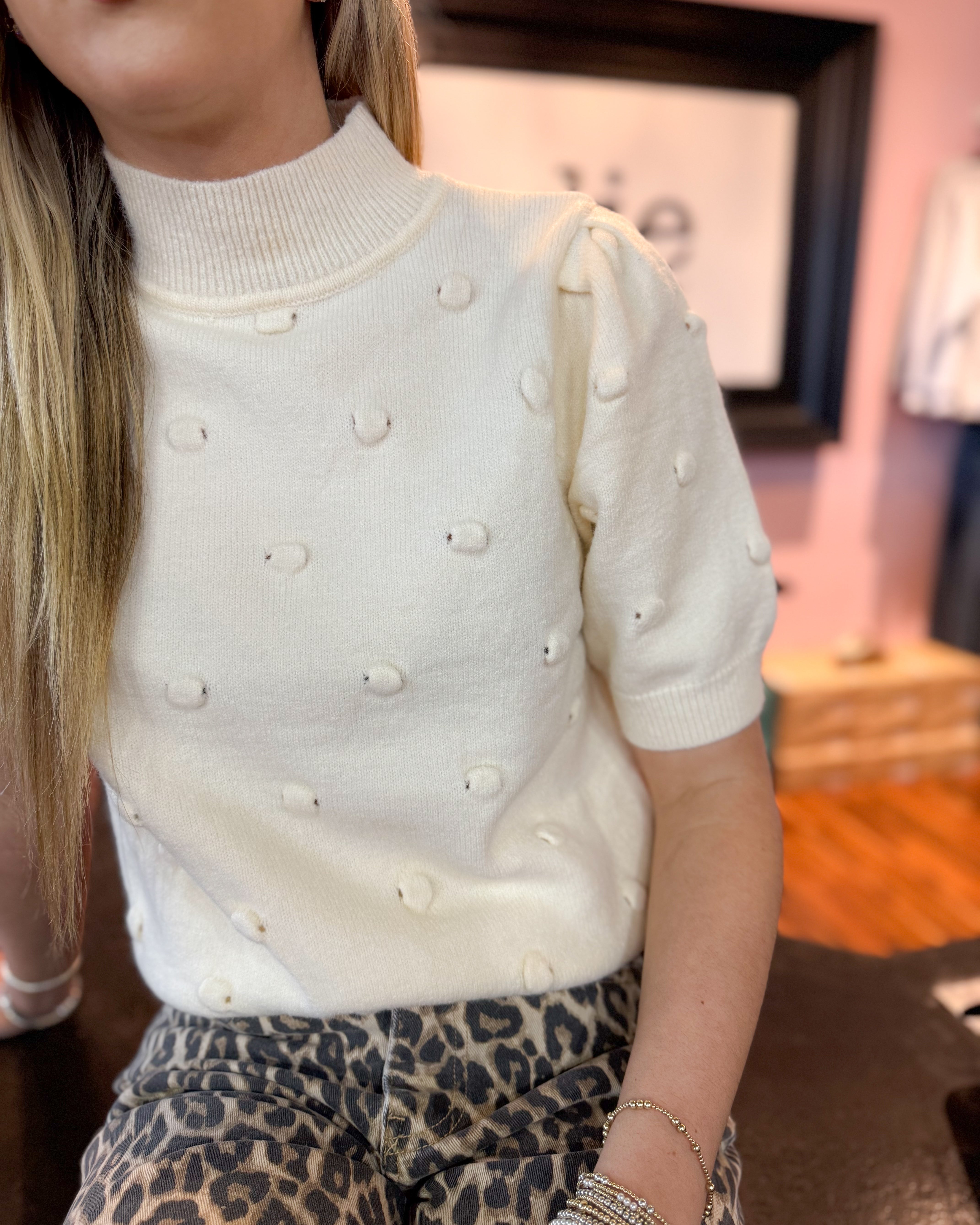 Popcorn Knit Short Sleeve Sweater in Ivory