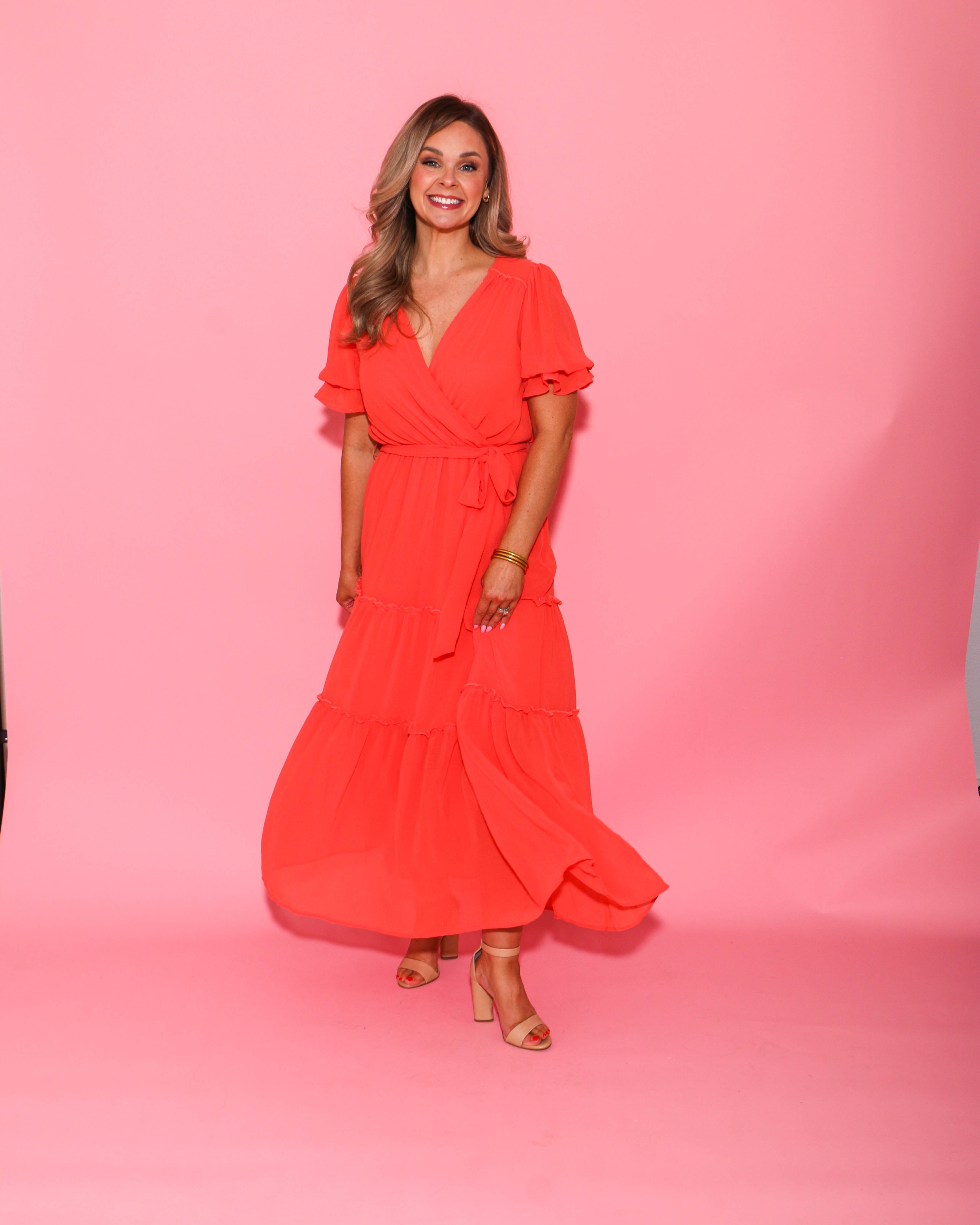 Tiered Chiffon Dress in Coral