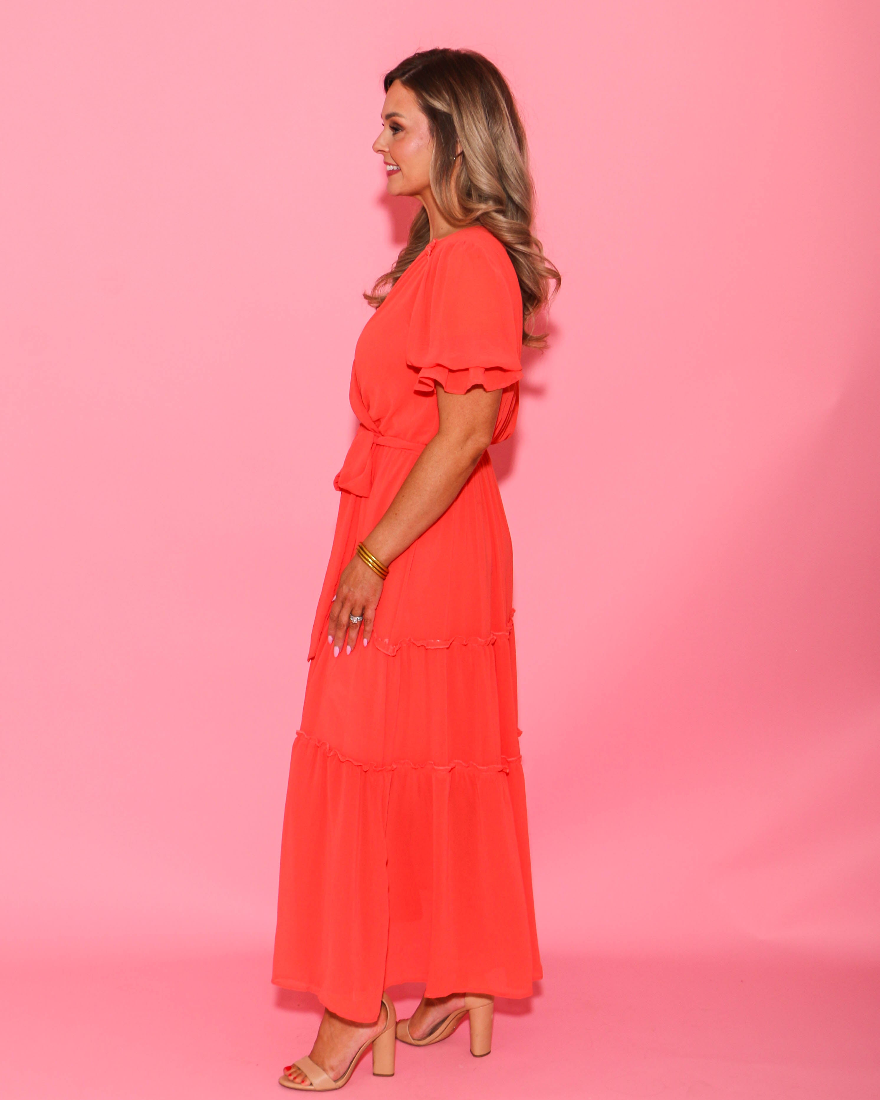 Tiered Chiffon Dress in Coral