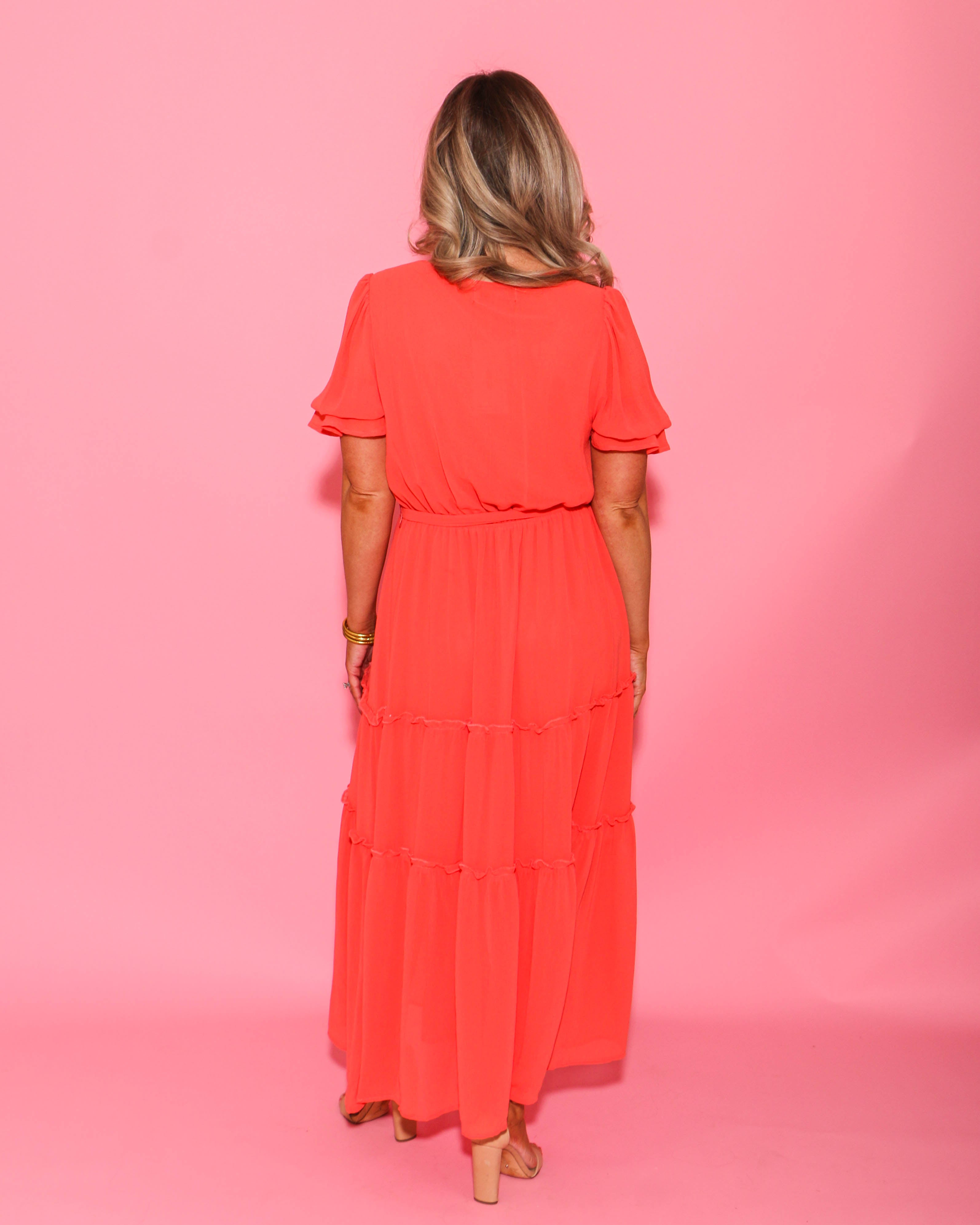 Tiered Chiffon Dress in Coral