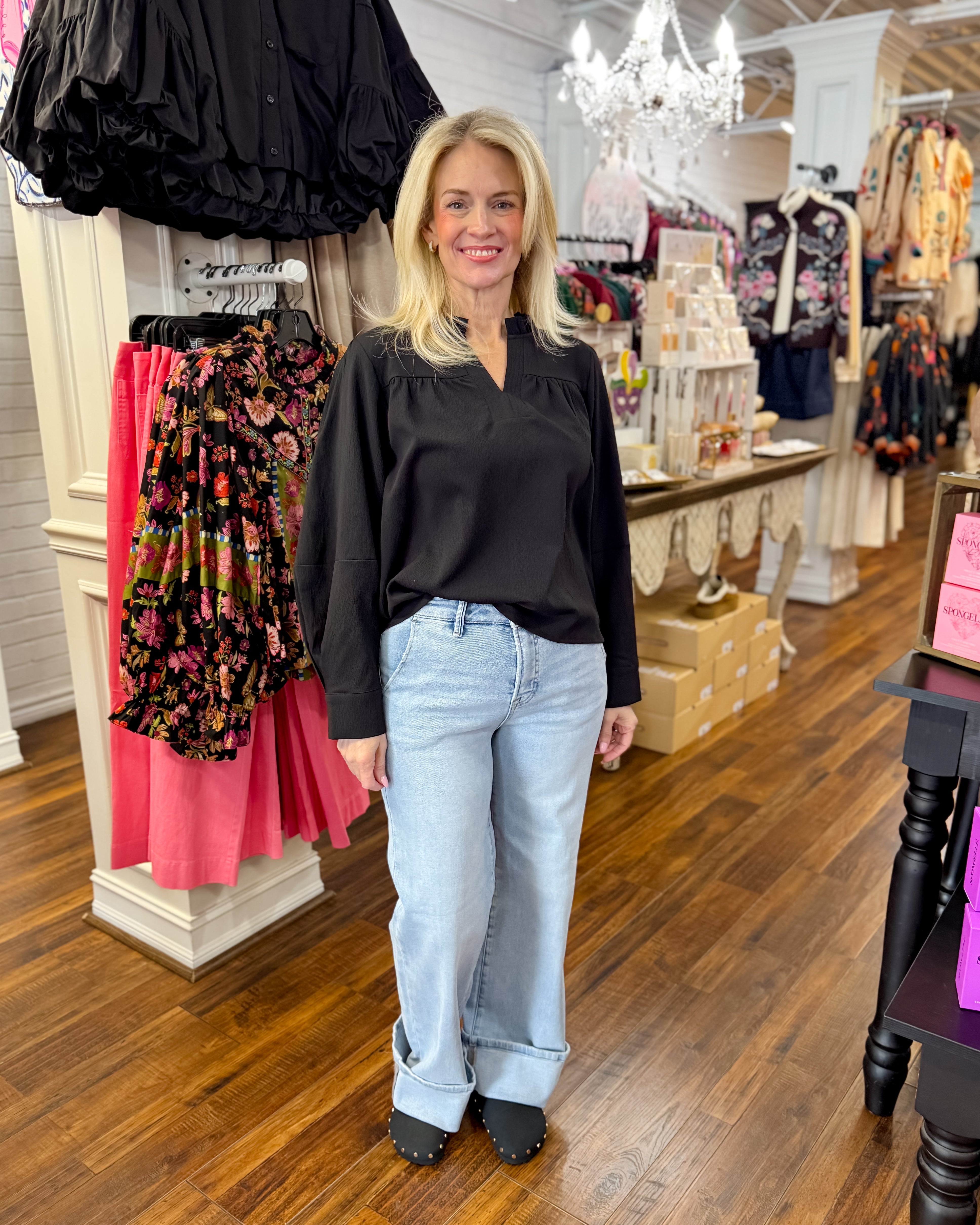 Sleeve Pleat Detail Top in Black