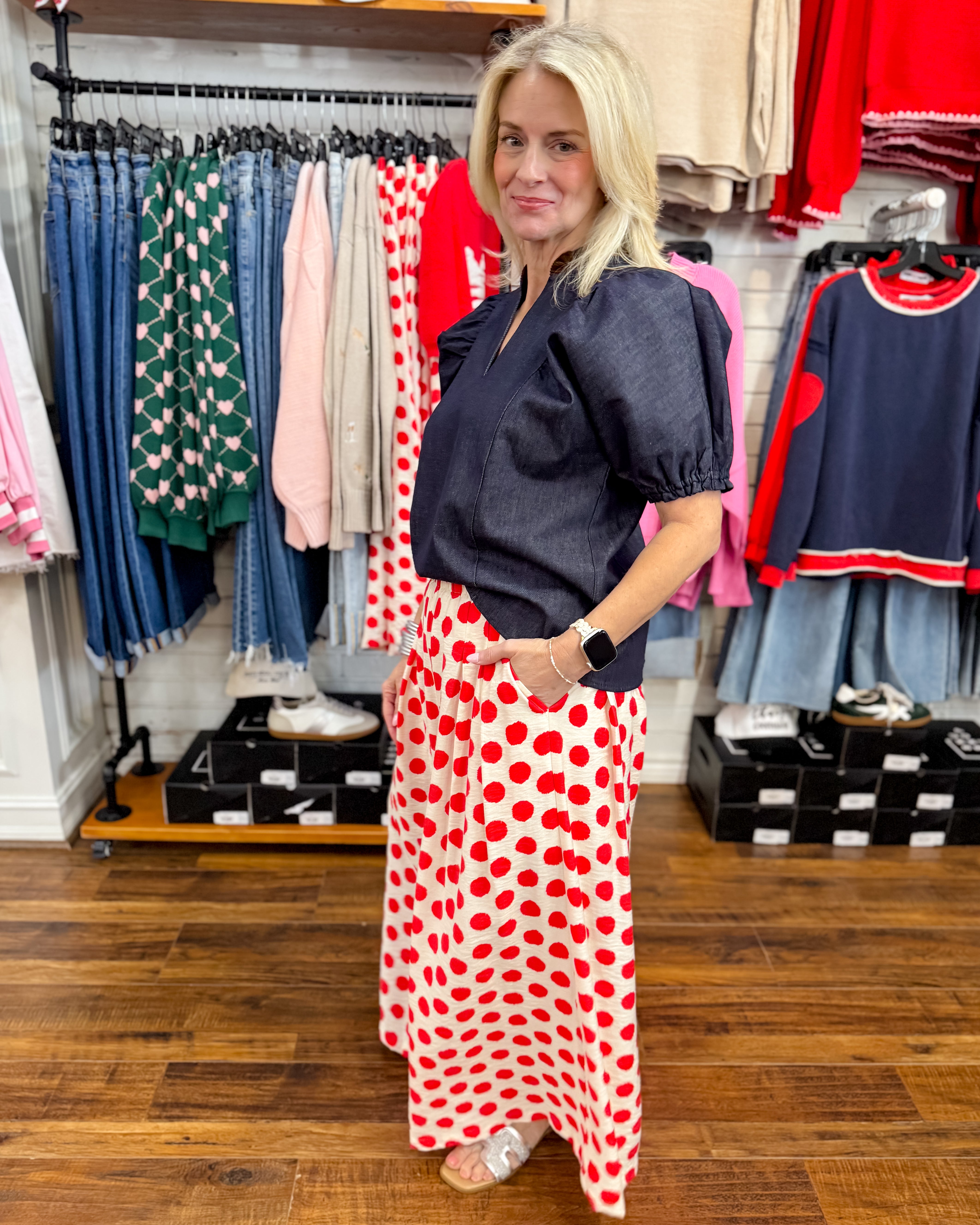 Split Neck Suede Ruffle Denim Top