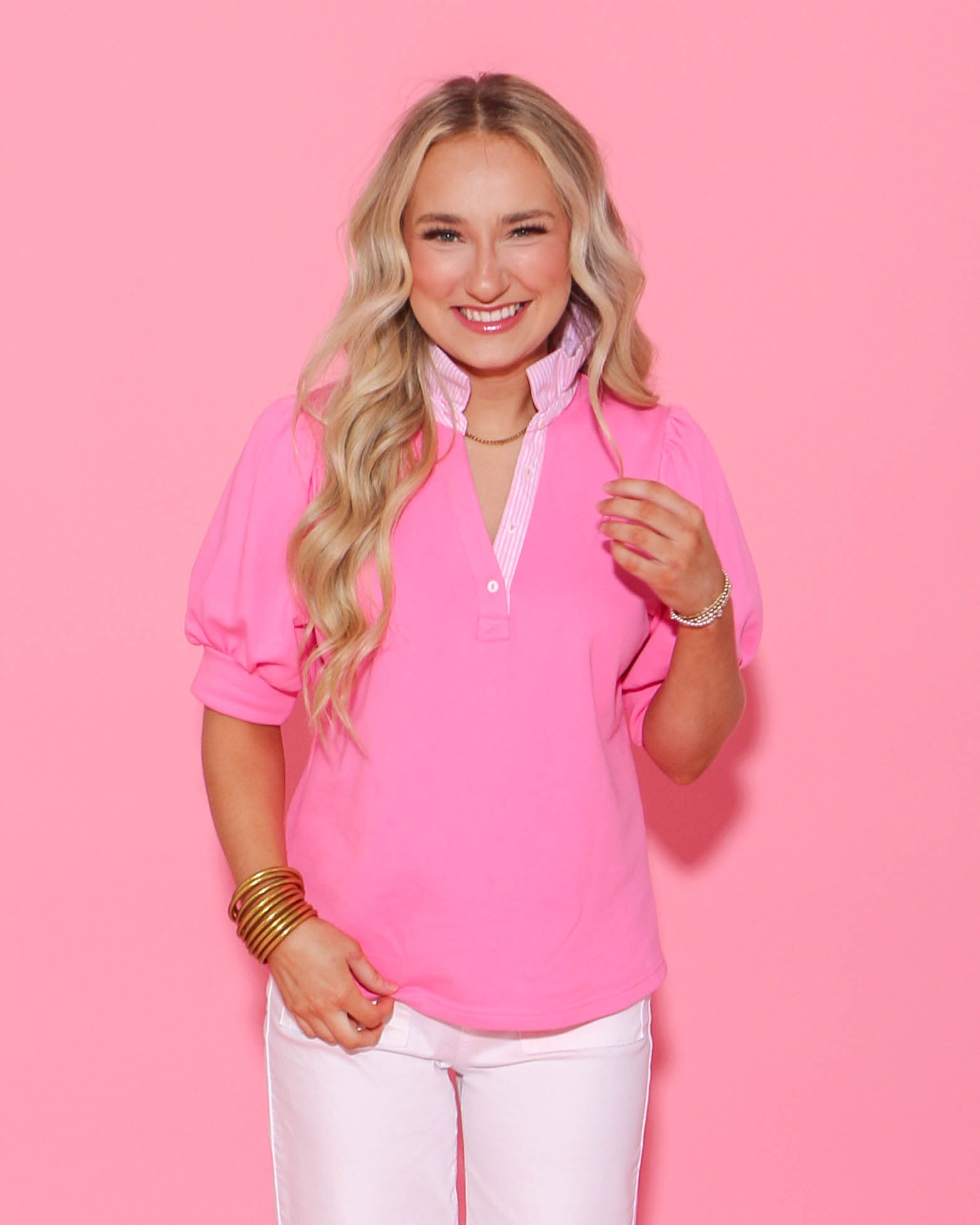 Striped and Solid Ruffled Neck Top in Pink