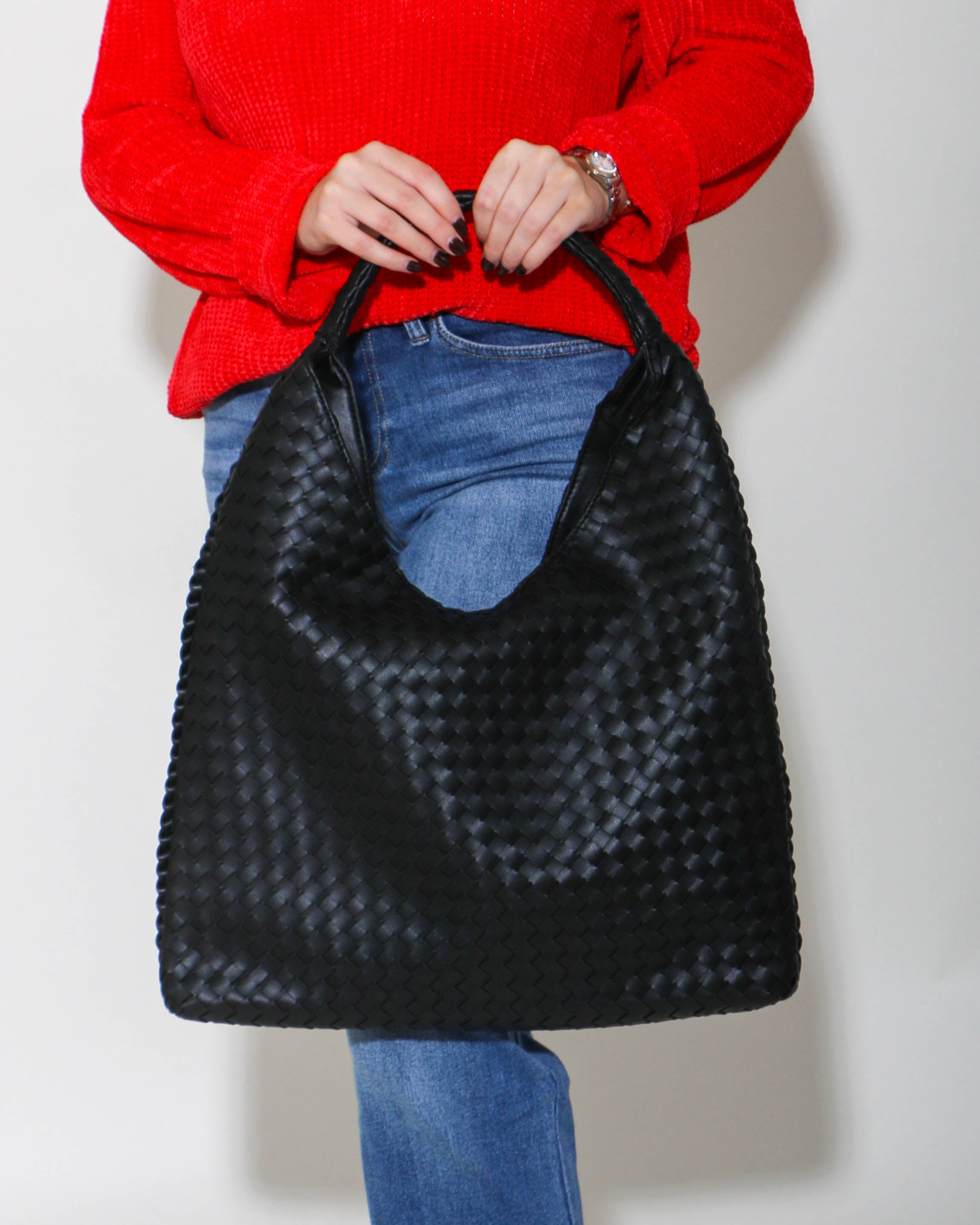 Woven Shoulder Hobo Bag in Black