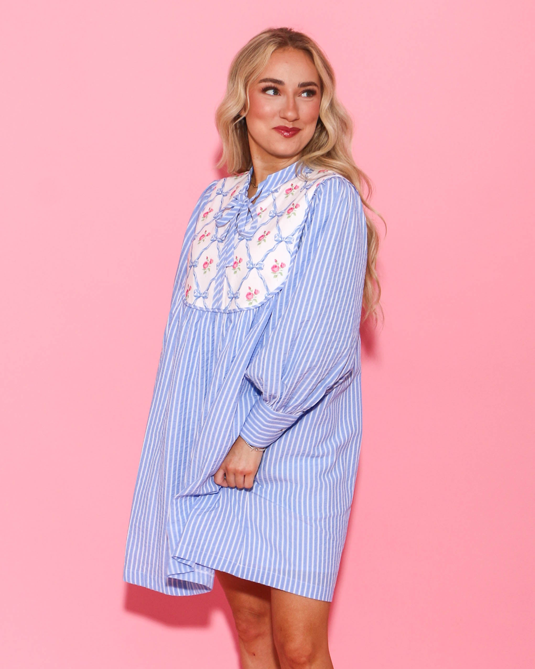 Blue Striped and Floral Ribbon Print Dress