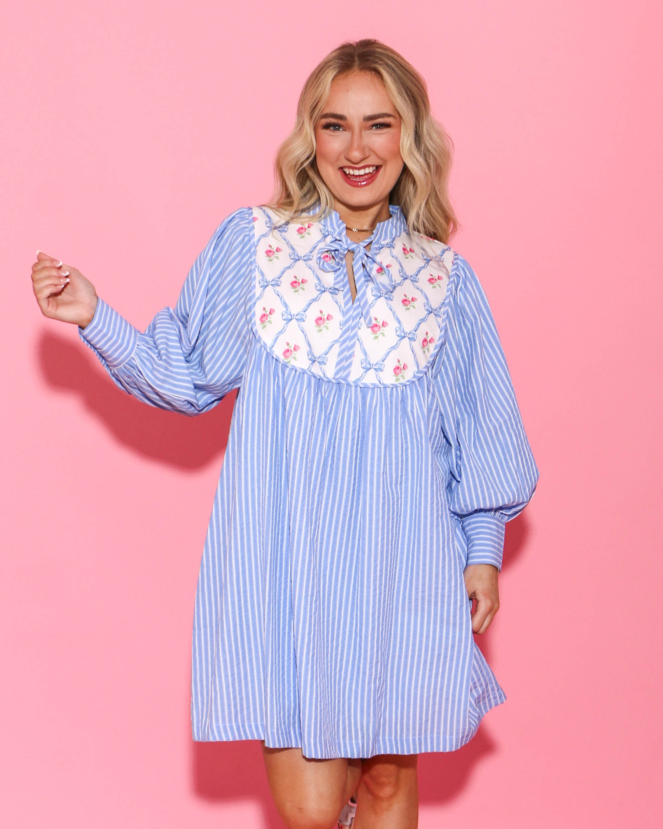 Blue Striped and Floral Ribbon Print Dress