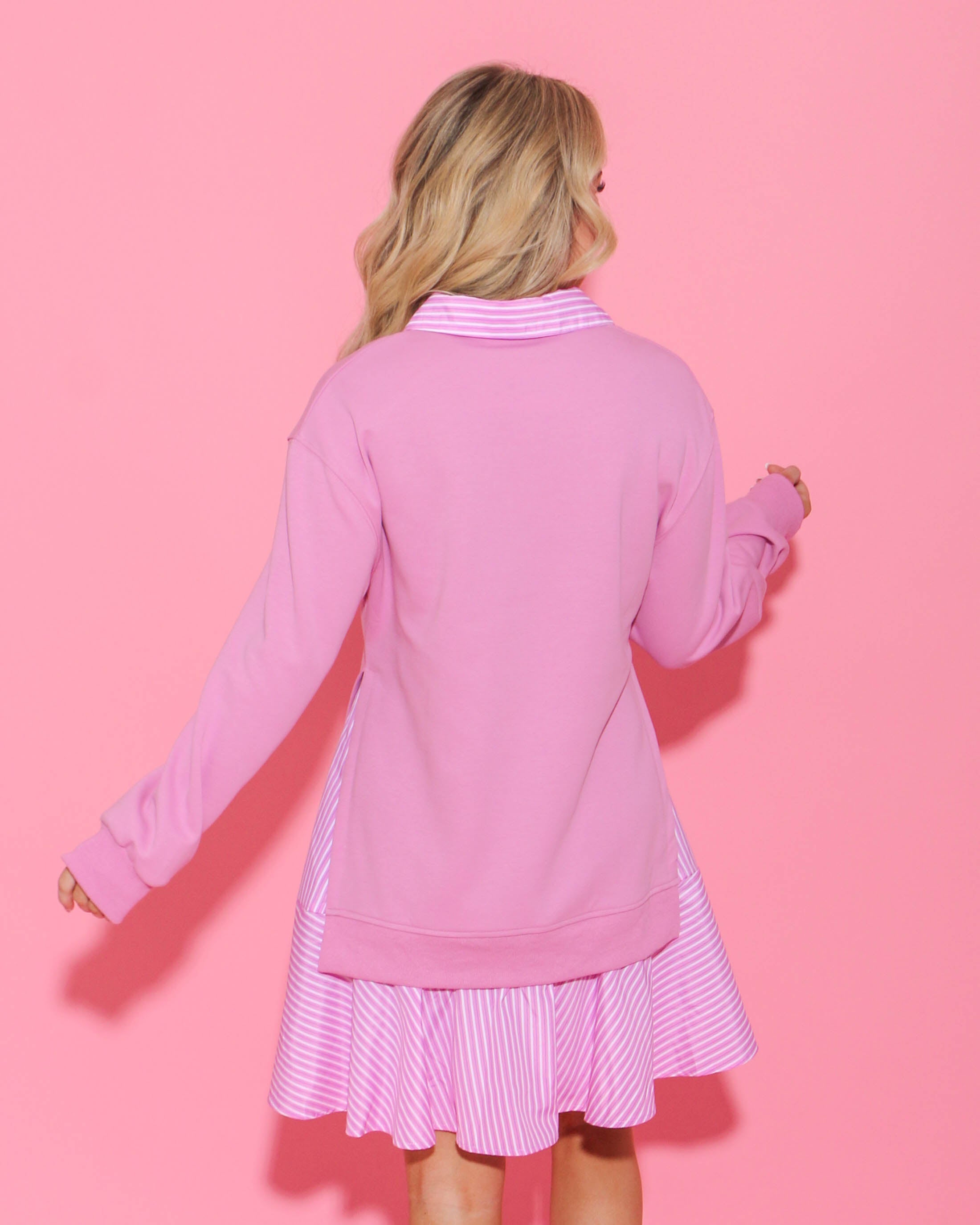 Solid Long Sleeve Twofer Mini Dress in Pink