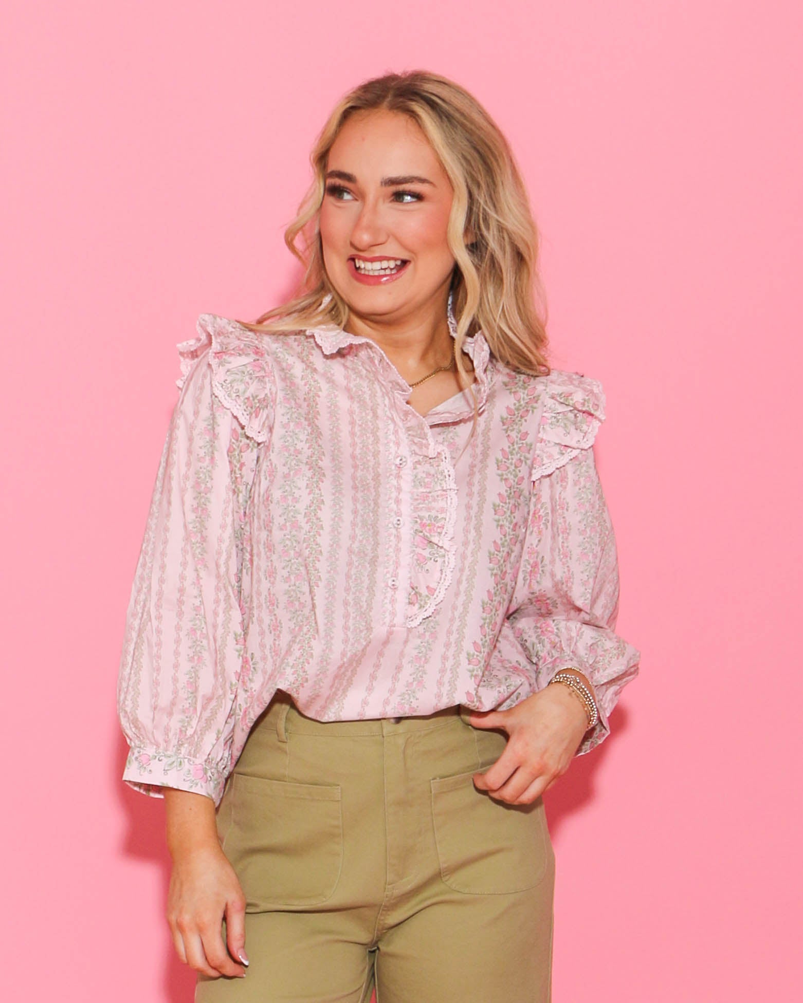 Pink Floral Print Puff Sleeve Ruffle Shoulder Popover Top