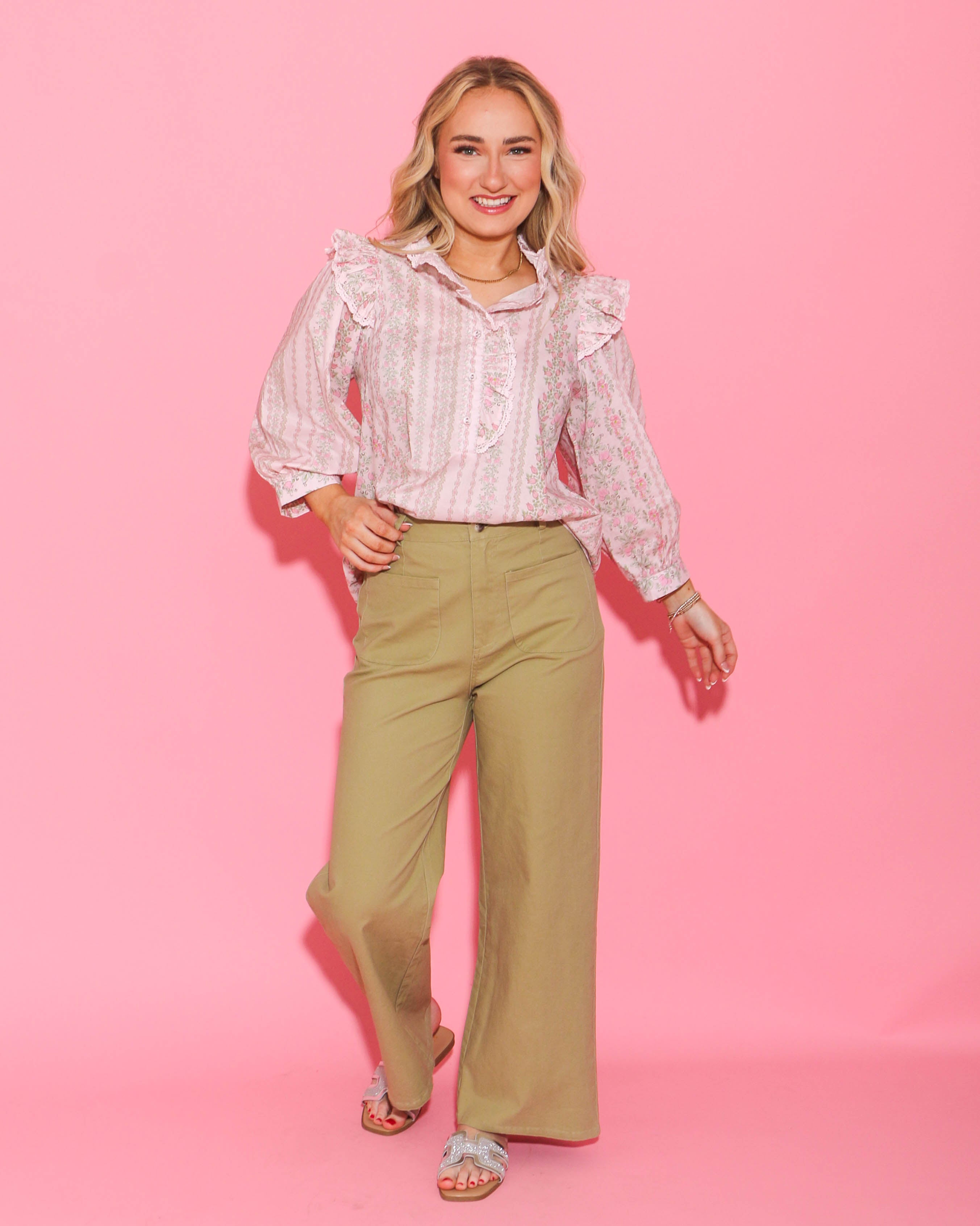 Pink Floral Print Puff Sleeve Ruffle Shoulder Popover Top