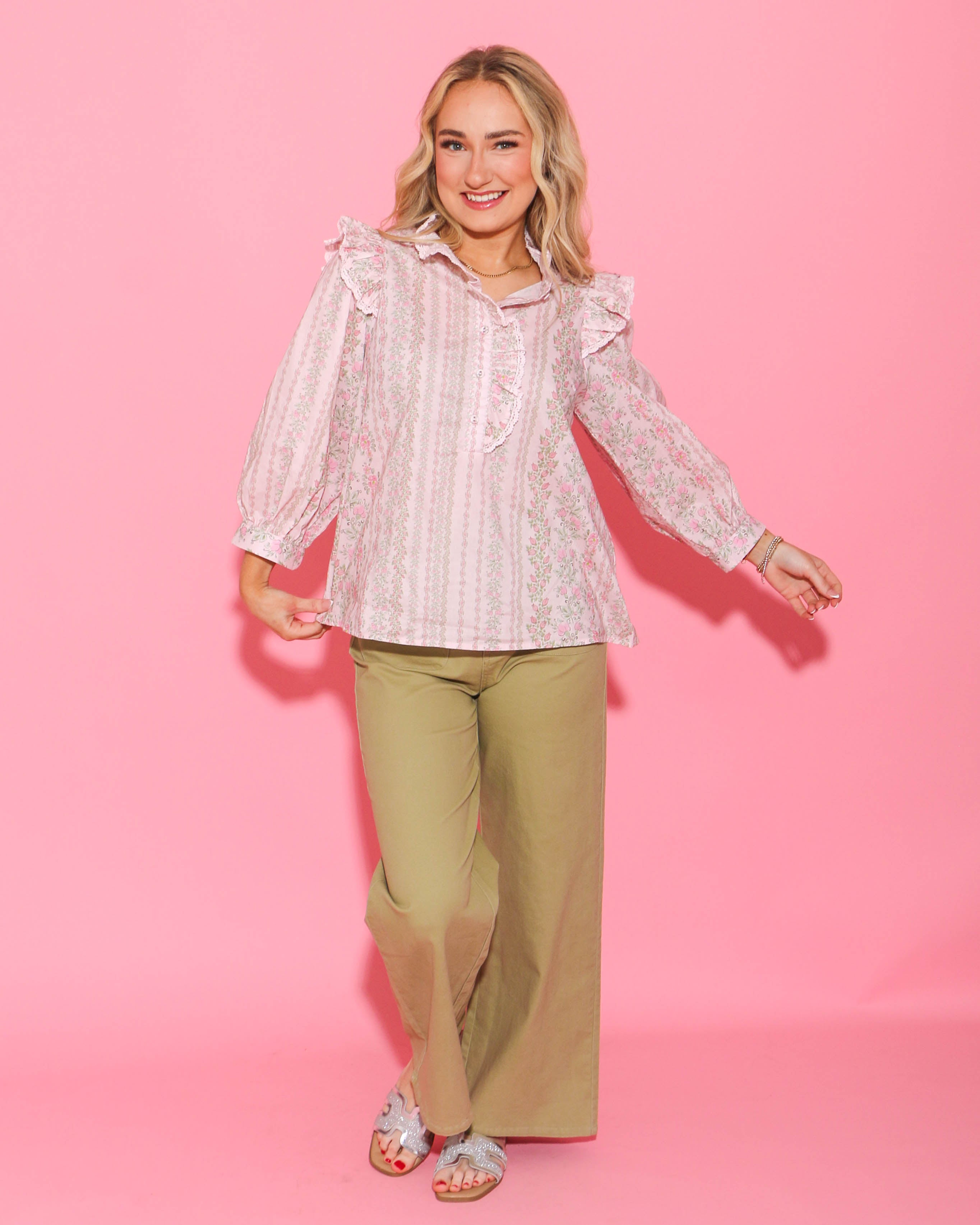 Pink Floral Print Puff Sleeve Ruffle Shoulder Popover Top