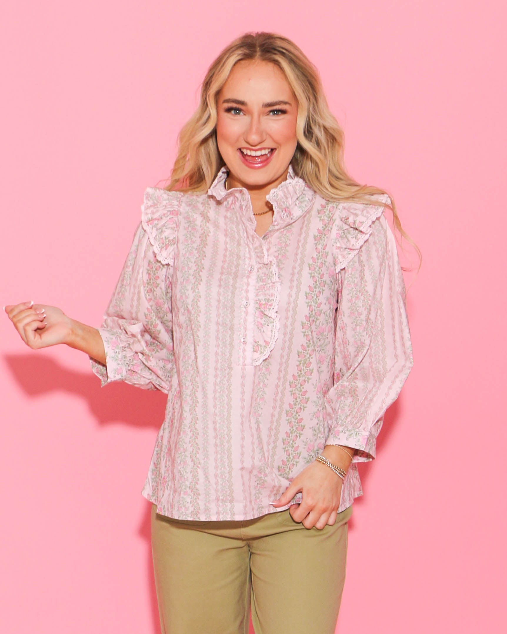 Pink Floral Print Puff Sleeve Ruffle Shoulder Popover Top
