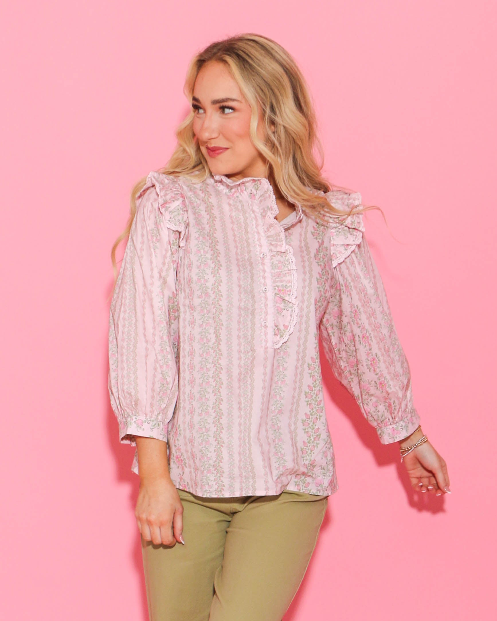 Pink Floral Print Puff Sleeve Ruffle Shoulder Popover Top