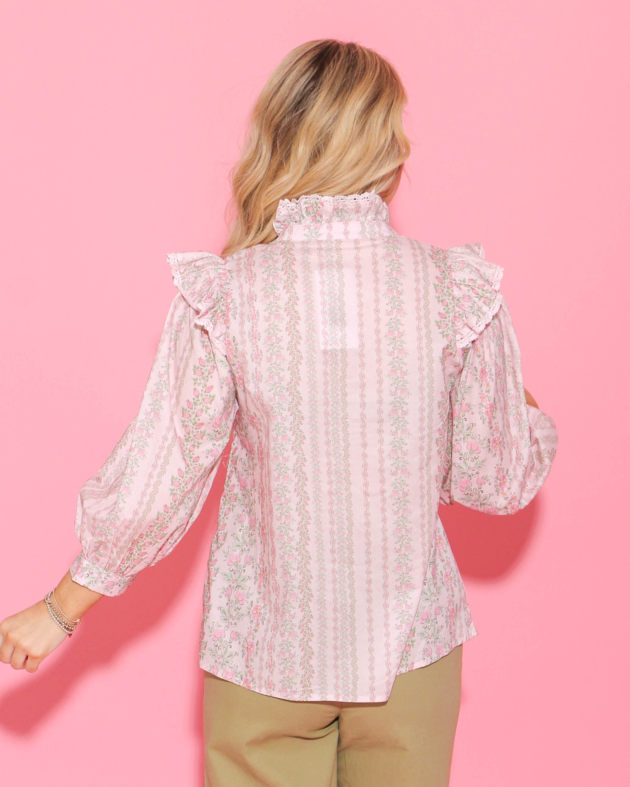 Pink Floral Print Puff Sleeve Ruffle Shoulder Popover Top