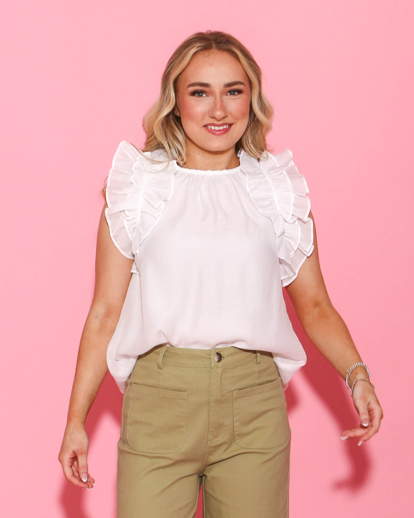 Round Neck Ruffle Sleeve Top in White