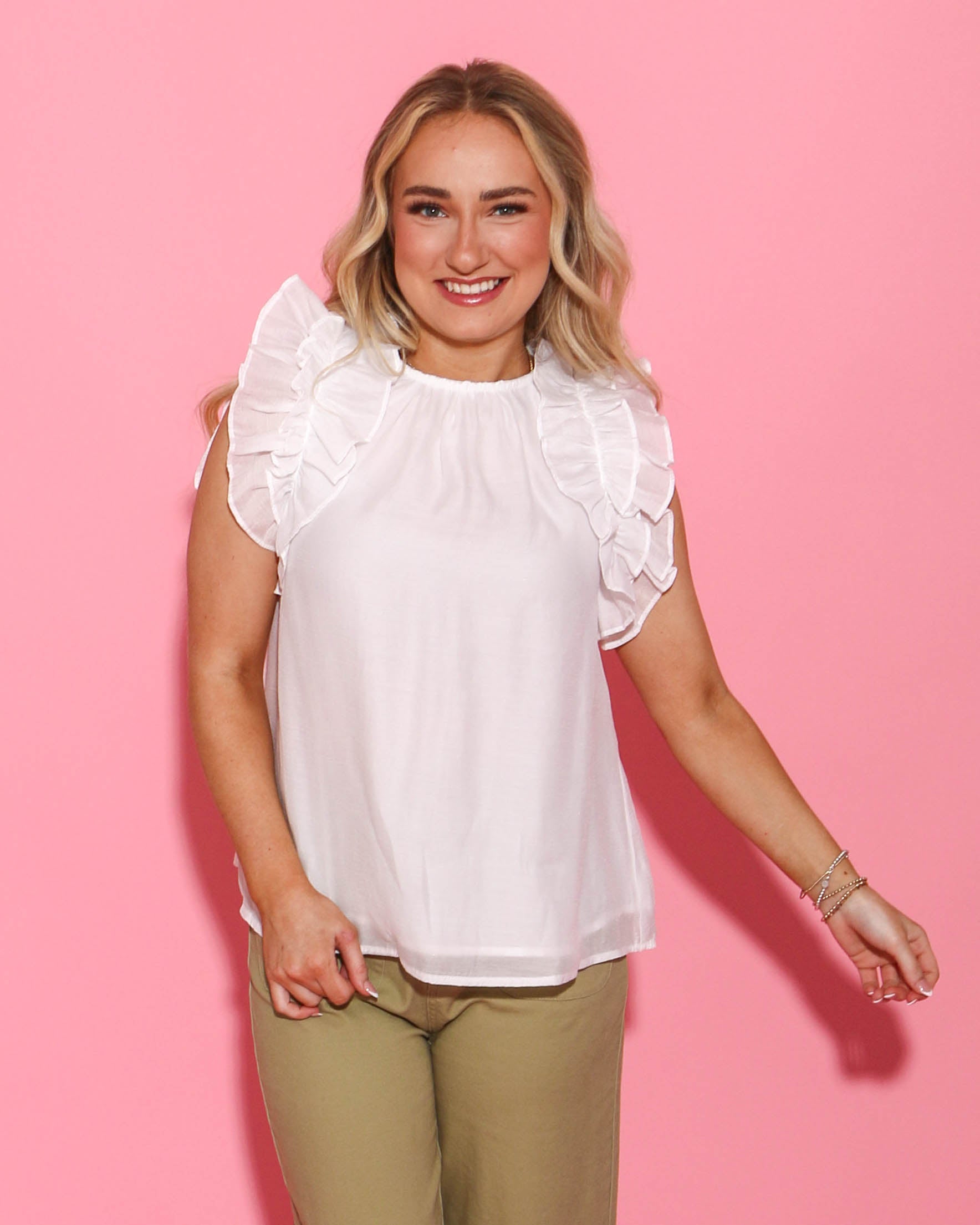 Round Neck Ruffle Sleeve Top in White