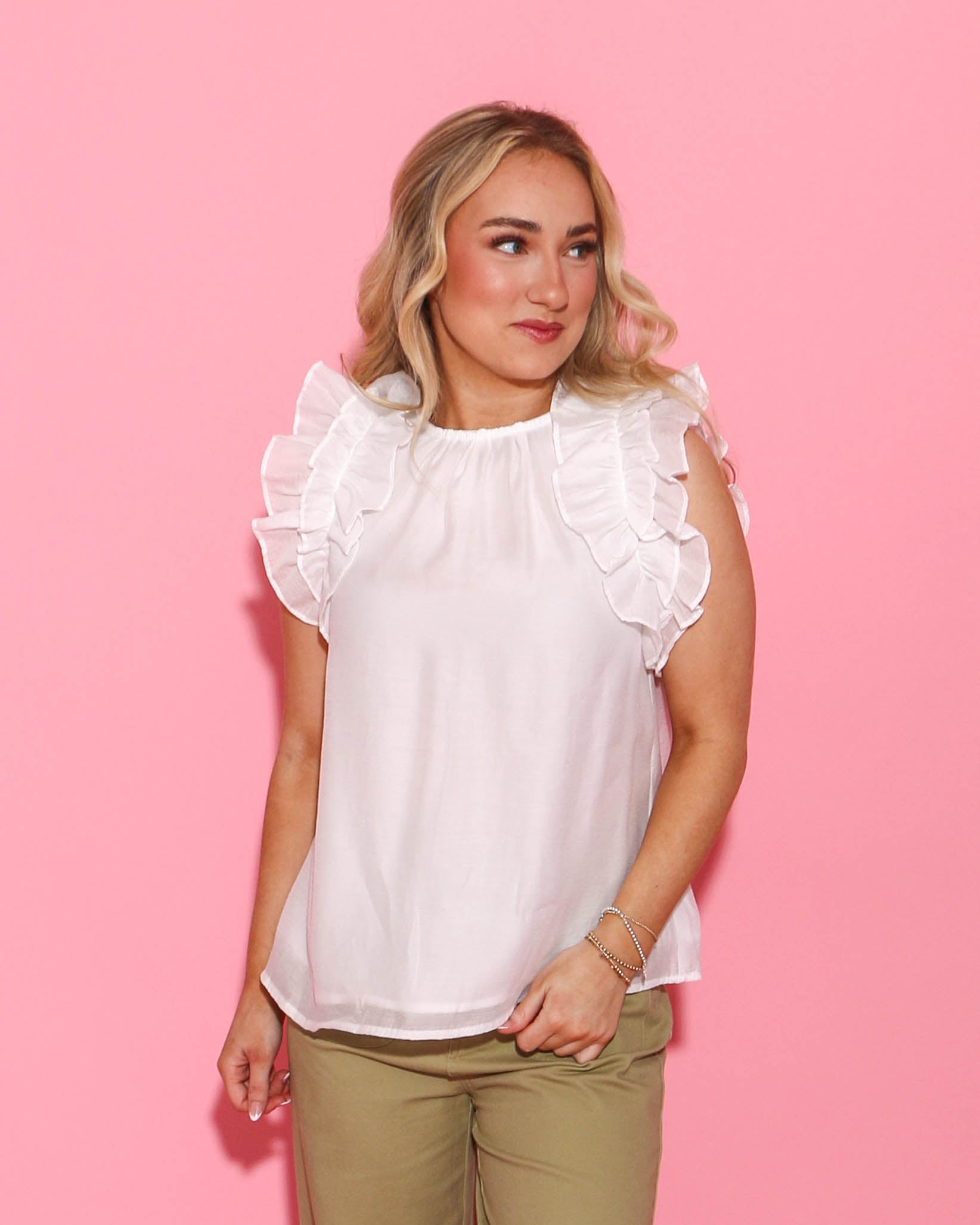 Round Neck Ruffle Sleeve Top in White