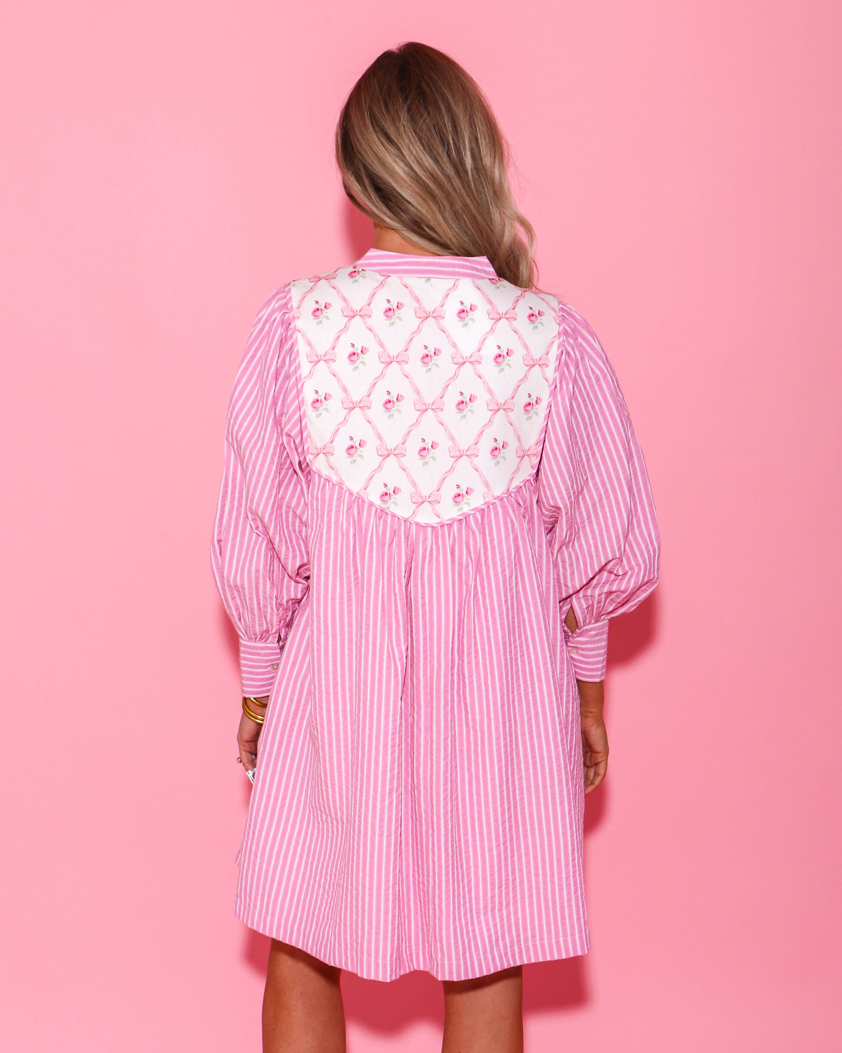 Pink Striped and Floral Ribbon Print Dress