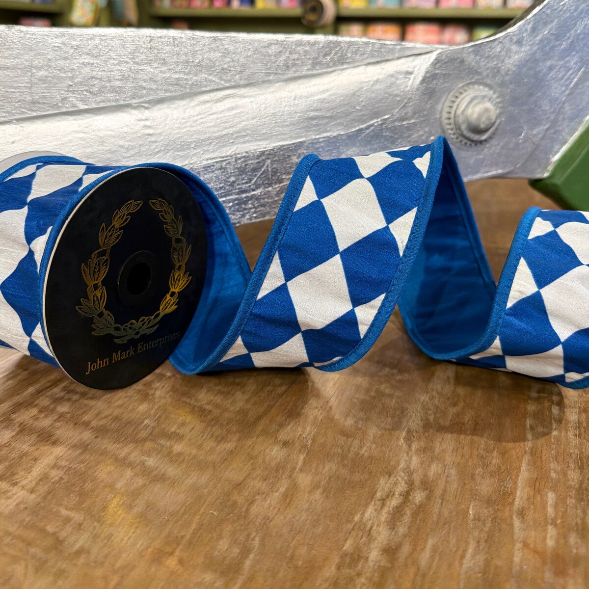 Harlequin Print Fused Dupion Piping Blue Ribbon