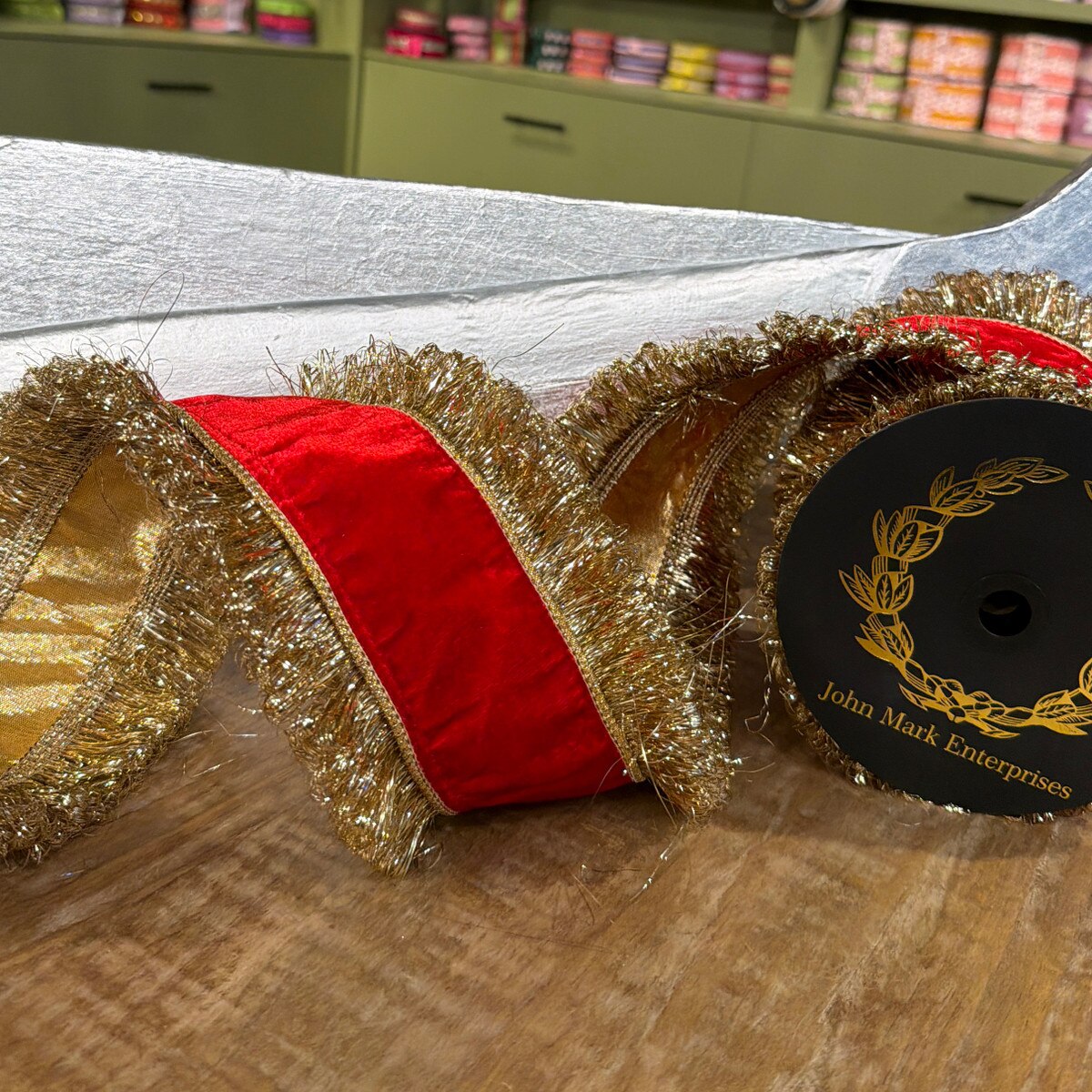 Red Velvet DBL Sided Trim/Back Metallic Dupion Ribbon