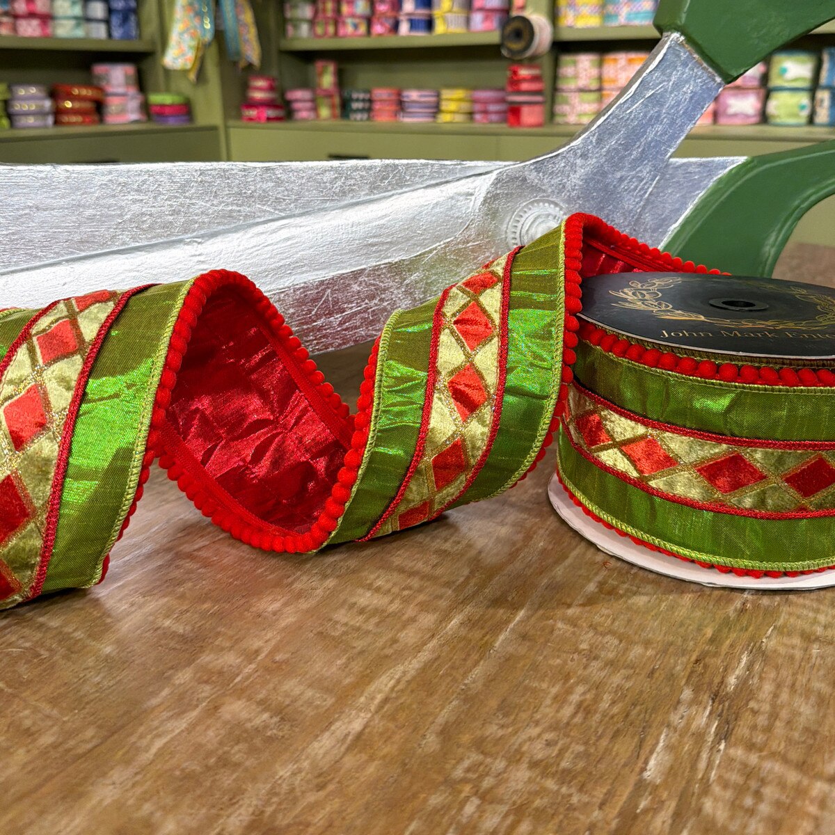 Apple Metallic Dupion Diamond Velvet Overlay Pom Pom Trim Ribbon