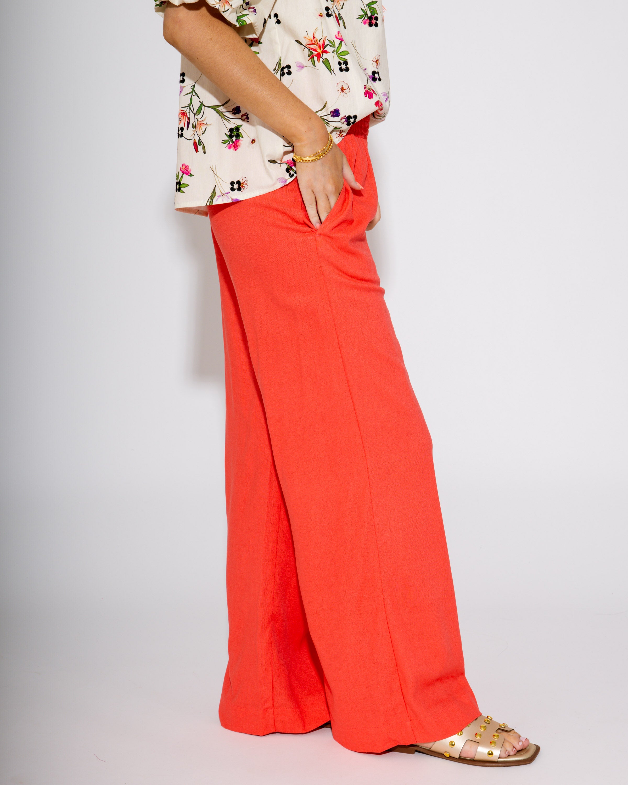 Breeze Fit Shirred Linen Pants in Coral