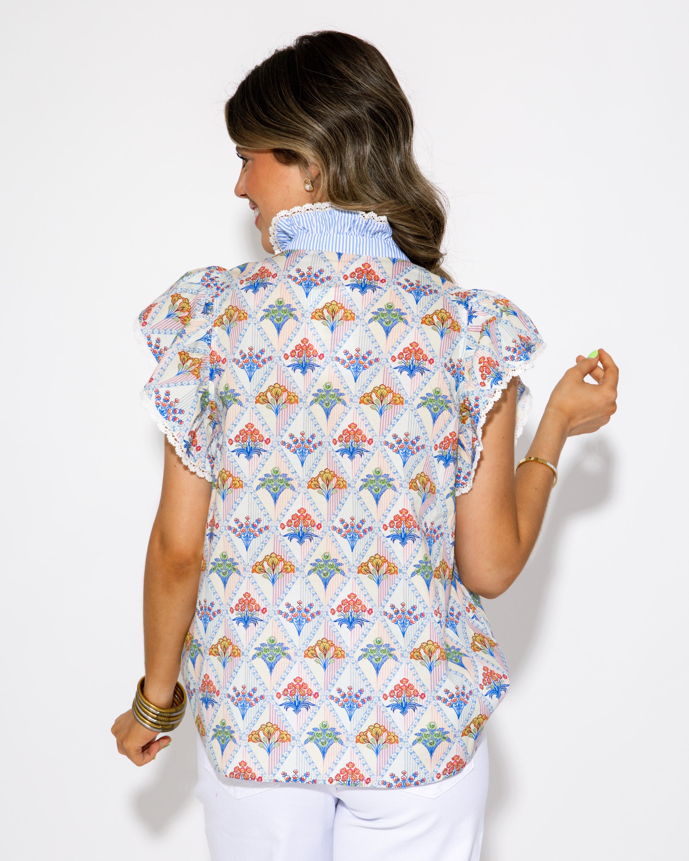 Diamond Edge Floral Print Ruffle Top