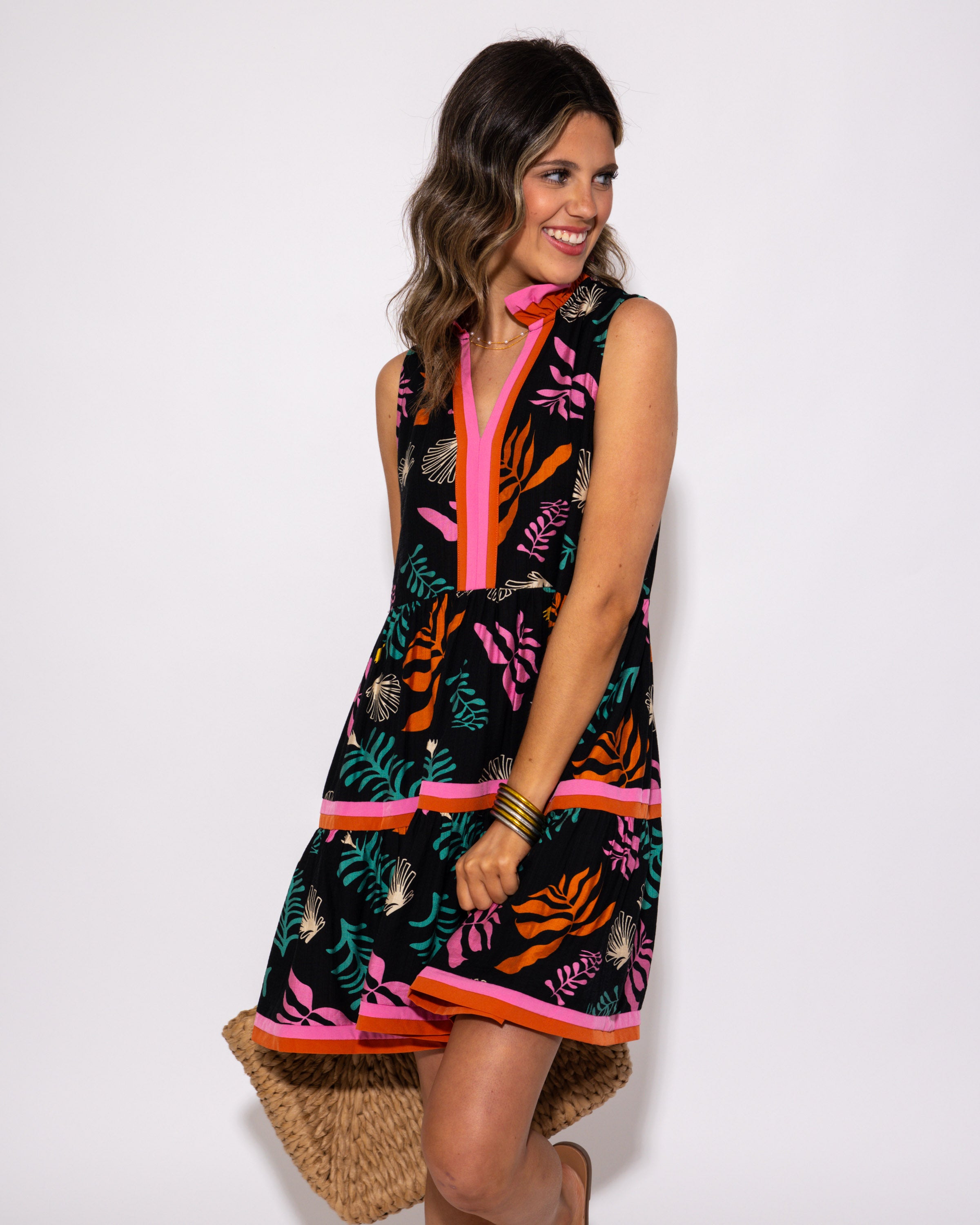 Palm Vibes Mini Ruffled Neck Dress