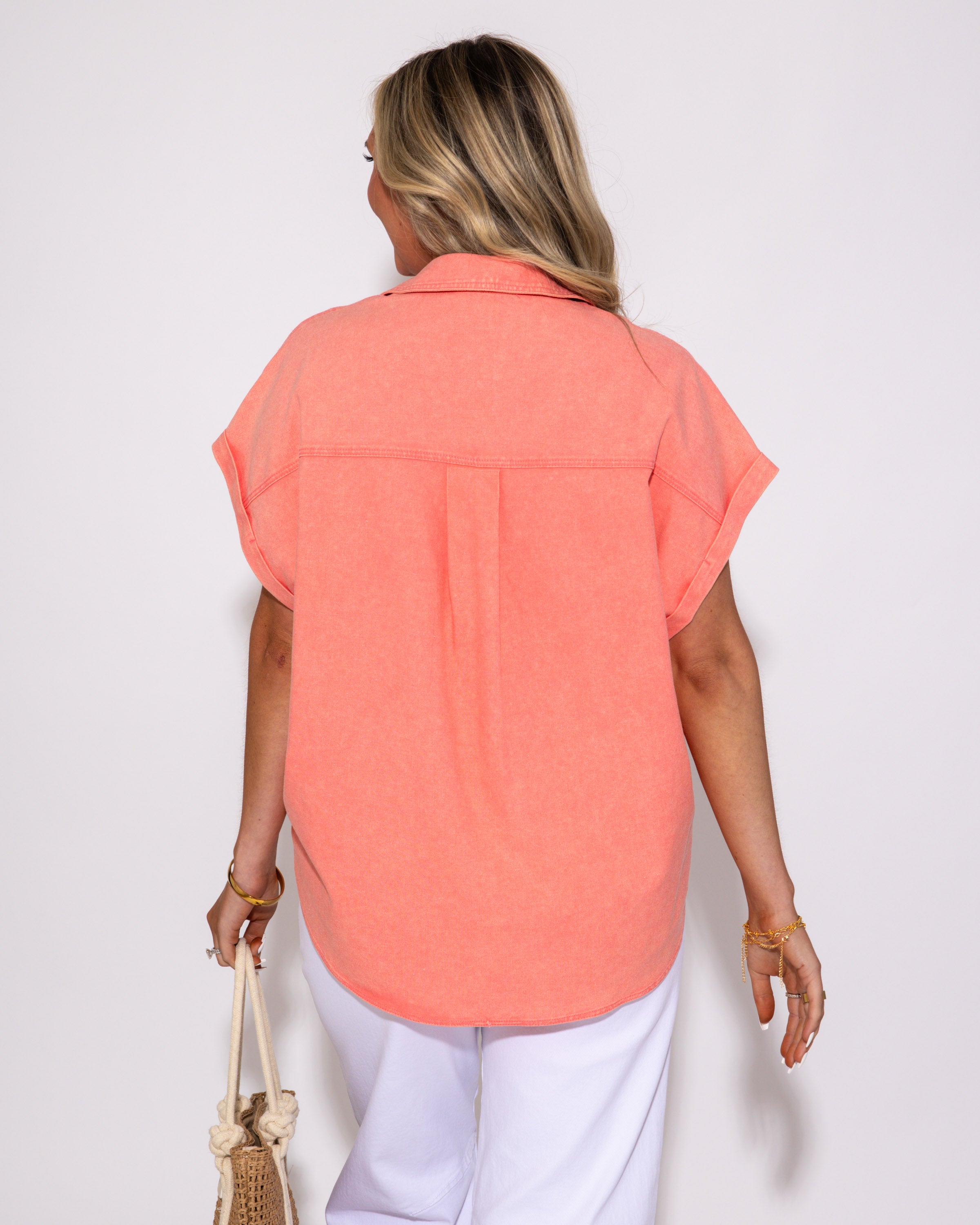 Button Up Basic Drop Shoulder Top in Coral