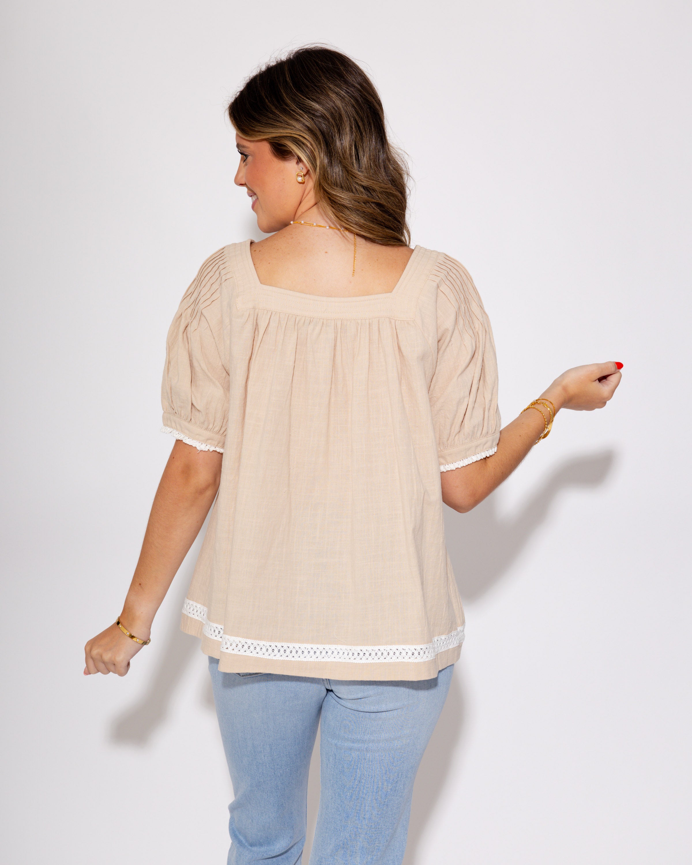 Warm Days, Lace Ways Taupe Top