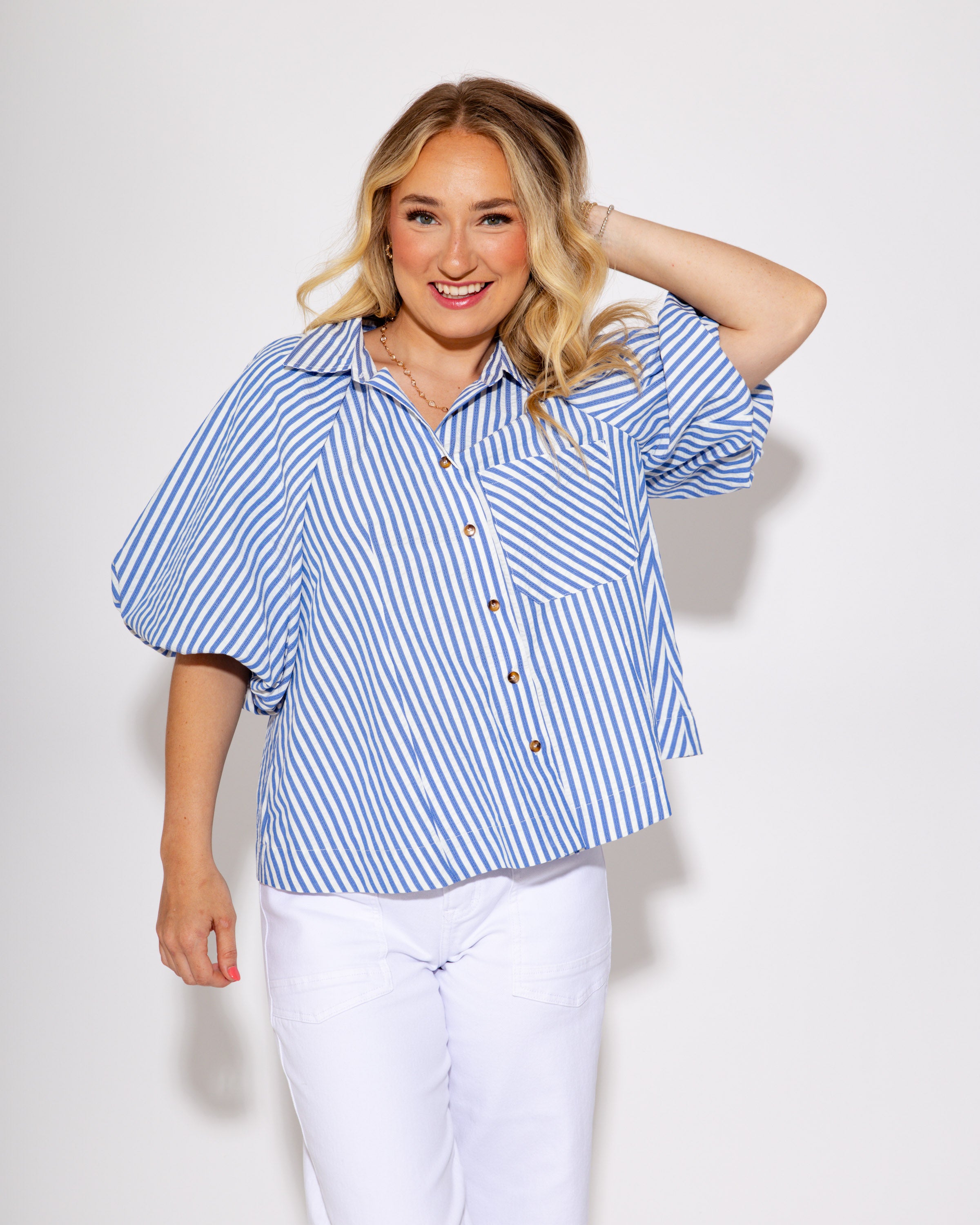 Bubbled Button Down Striped Top in Blue