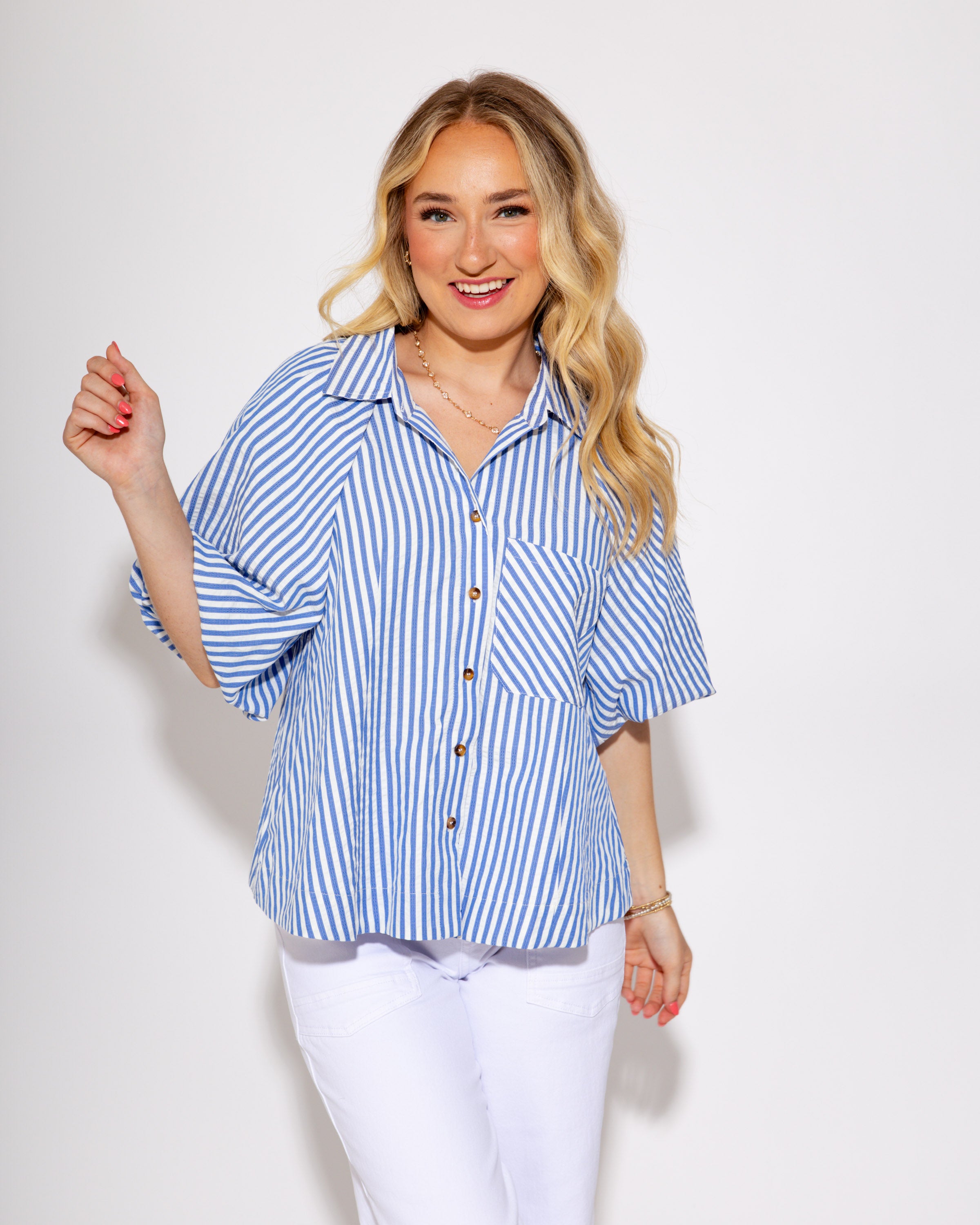 Bubbled Button Down Striped Top in Blue