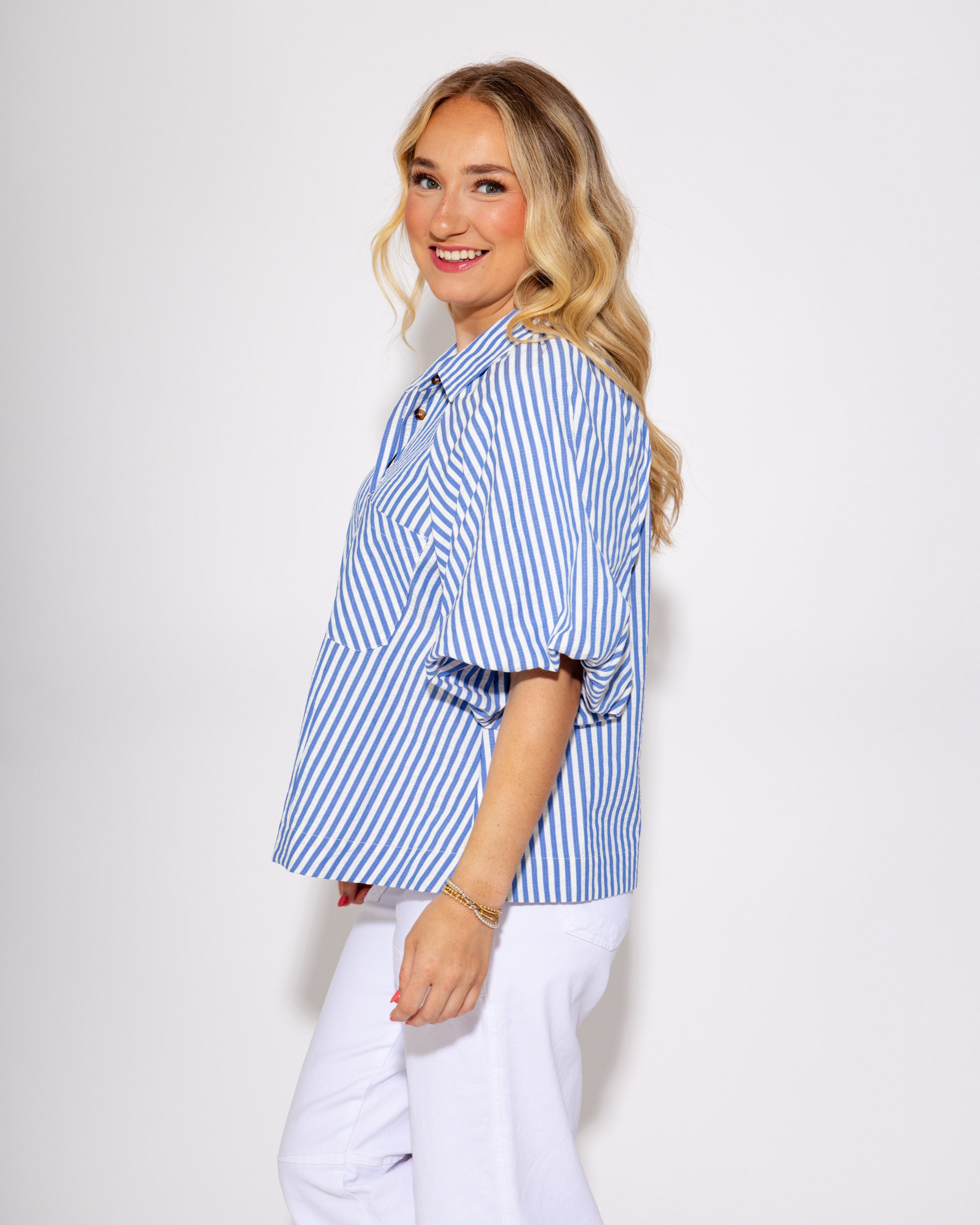 Bubbled Button Down Striped Top in Blue