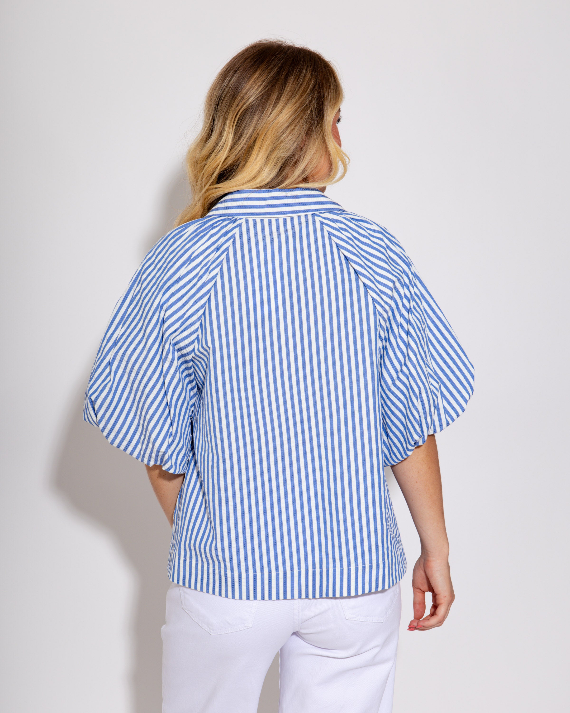 Bubbled Button Down Striped Top in Blue