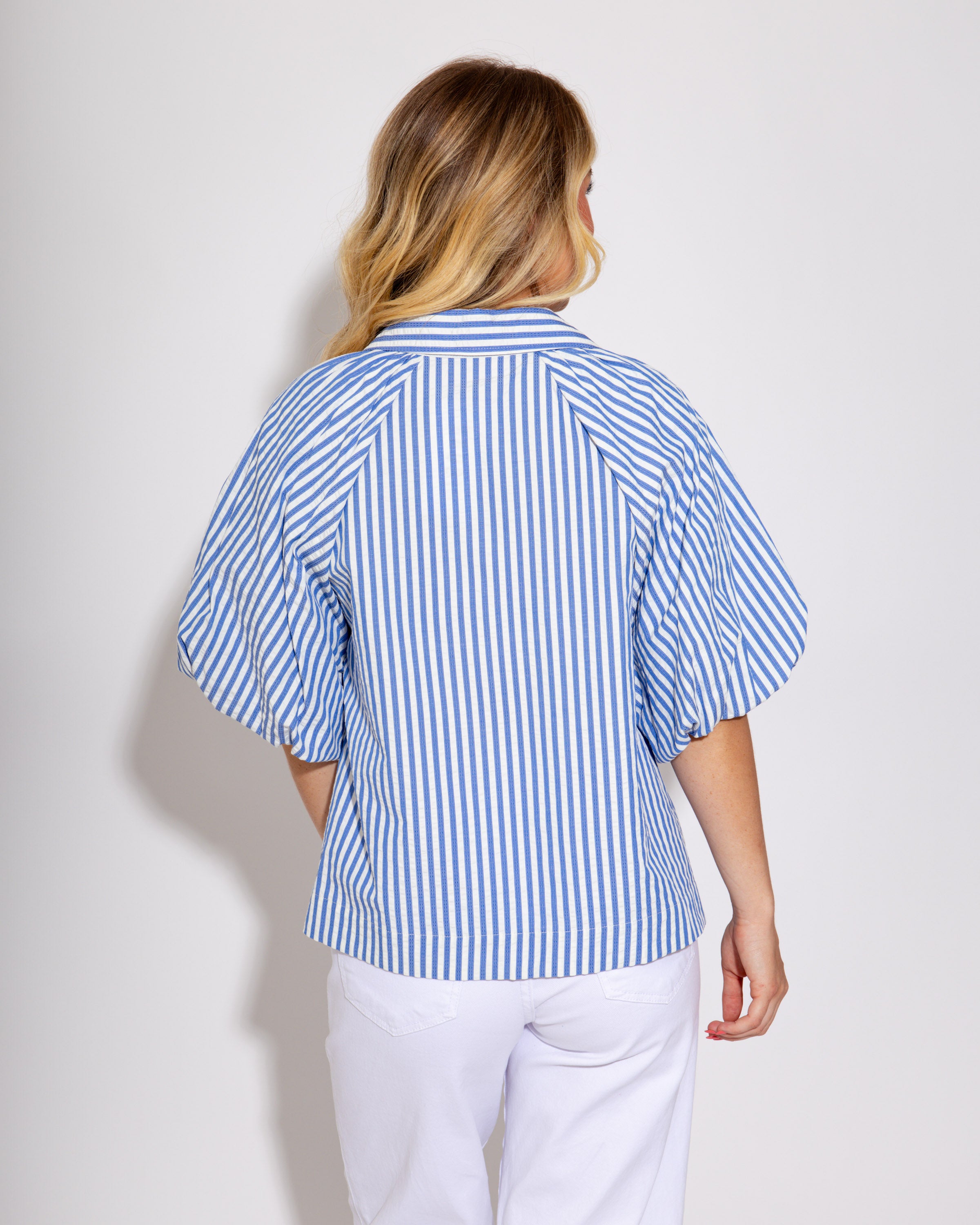 Bubbled Button Down Striped Top in Blue