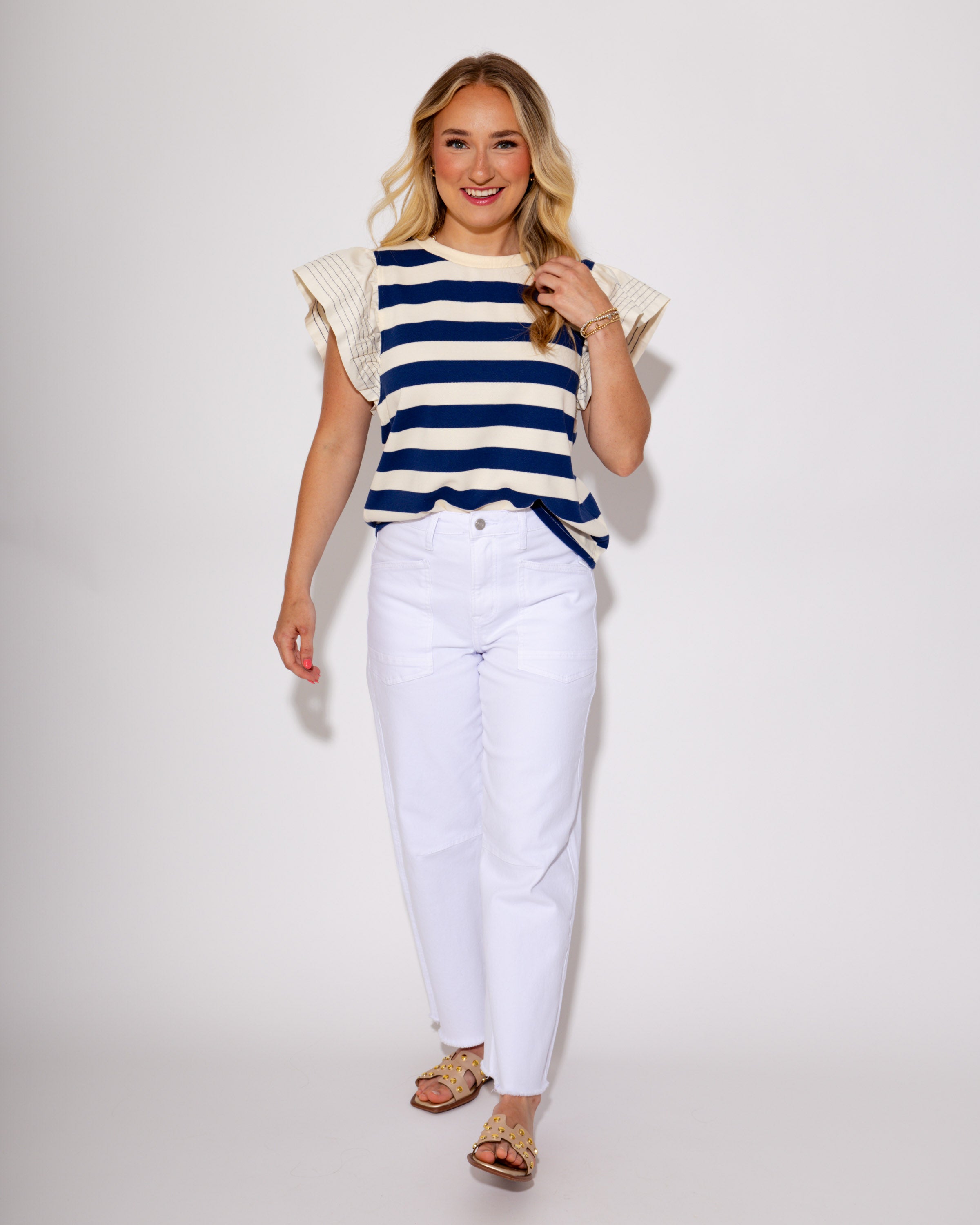 Stripe Pop Flutter Sleeve Top in Royal Blue