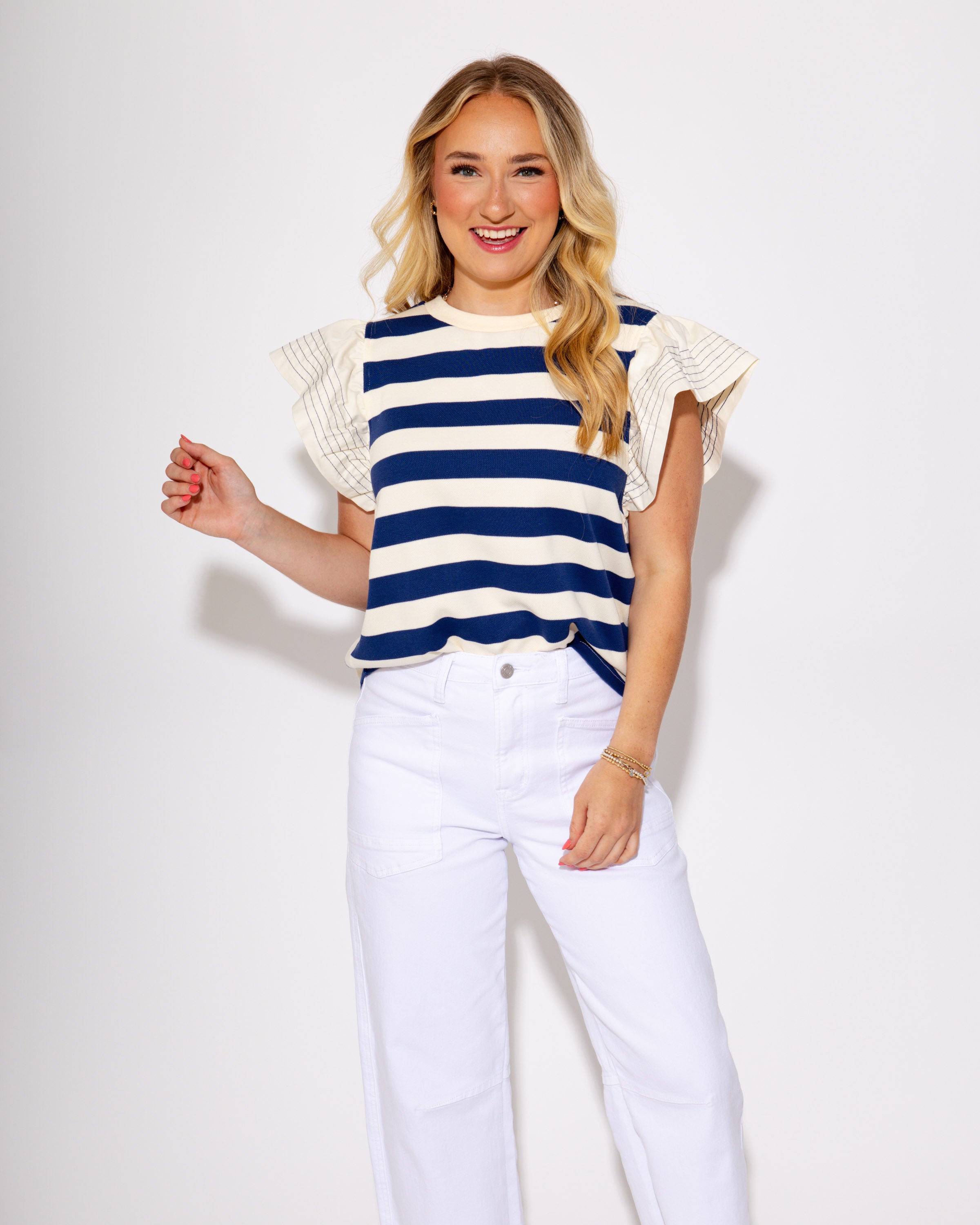 Stripe Pop Flutter Sleeve Top in Royal Blue