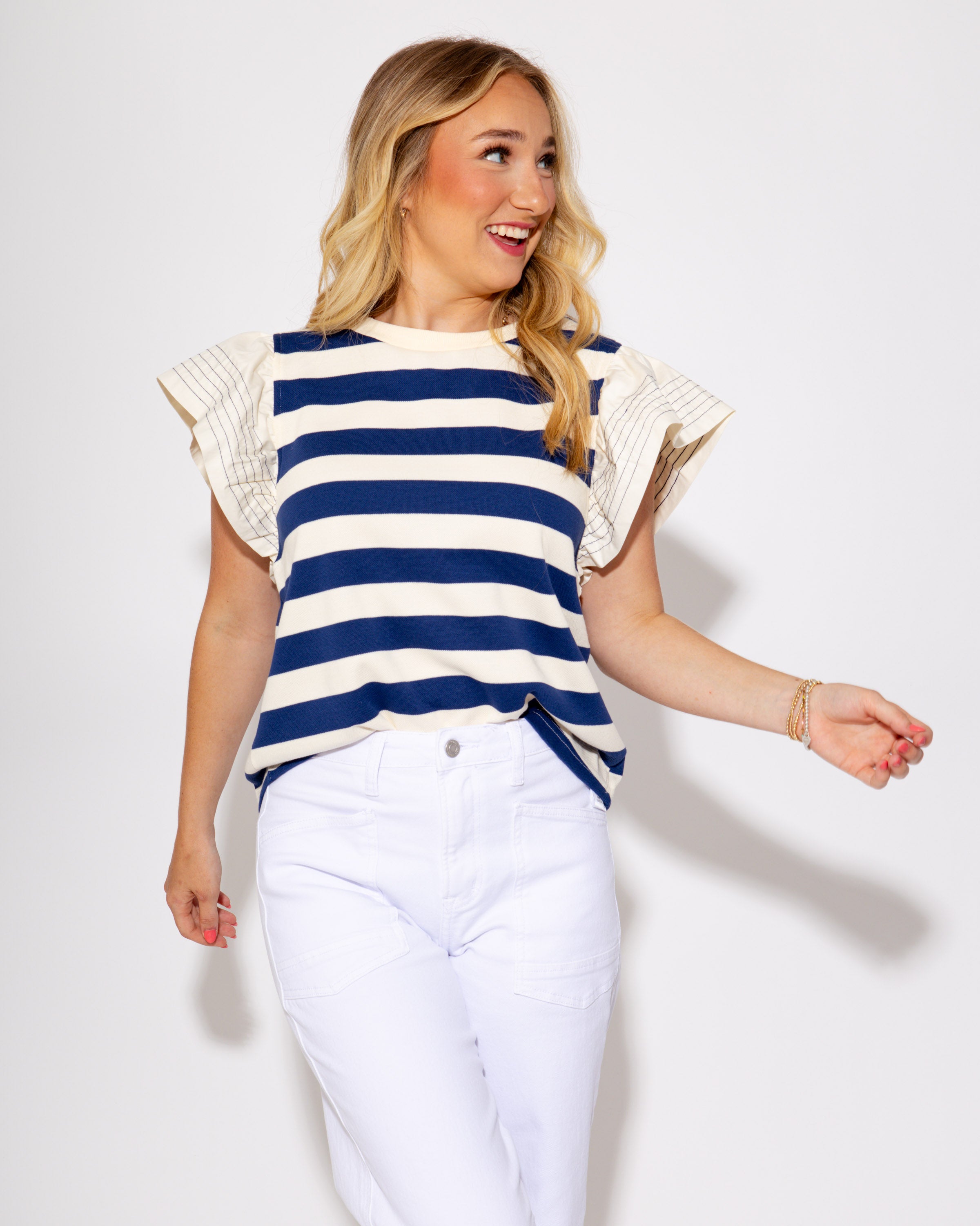 Stripe Pop Flutter Sleeve Top in Royal Blue